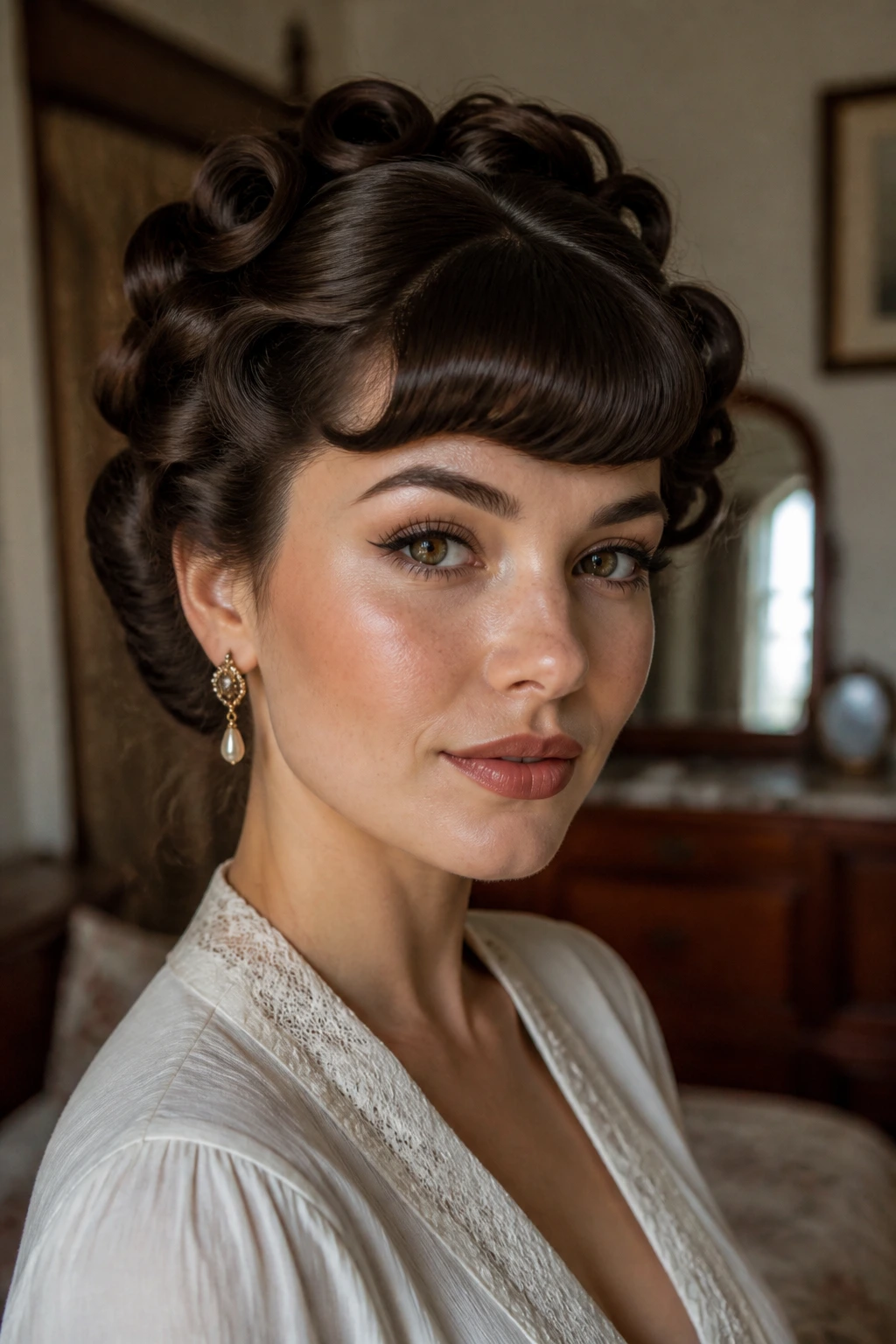 Close-up of a real woman with curved arch bangs and retro pin curls in a warm vintage bedroom setting
