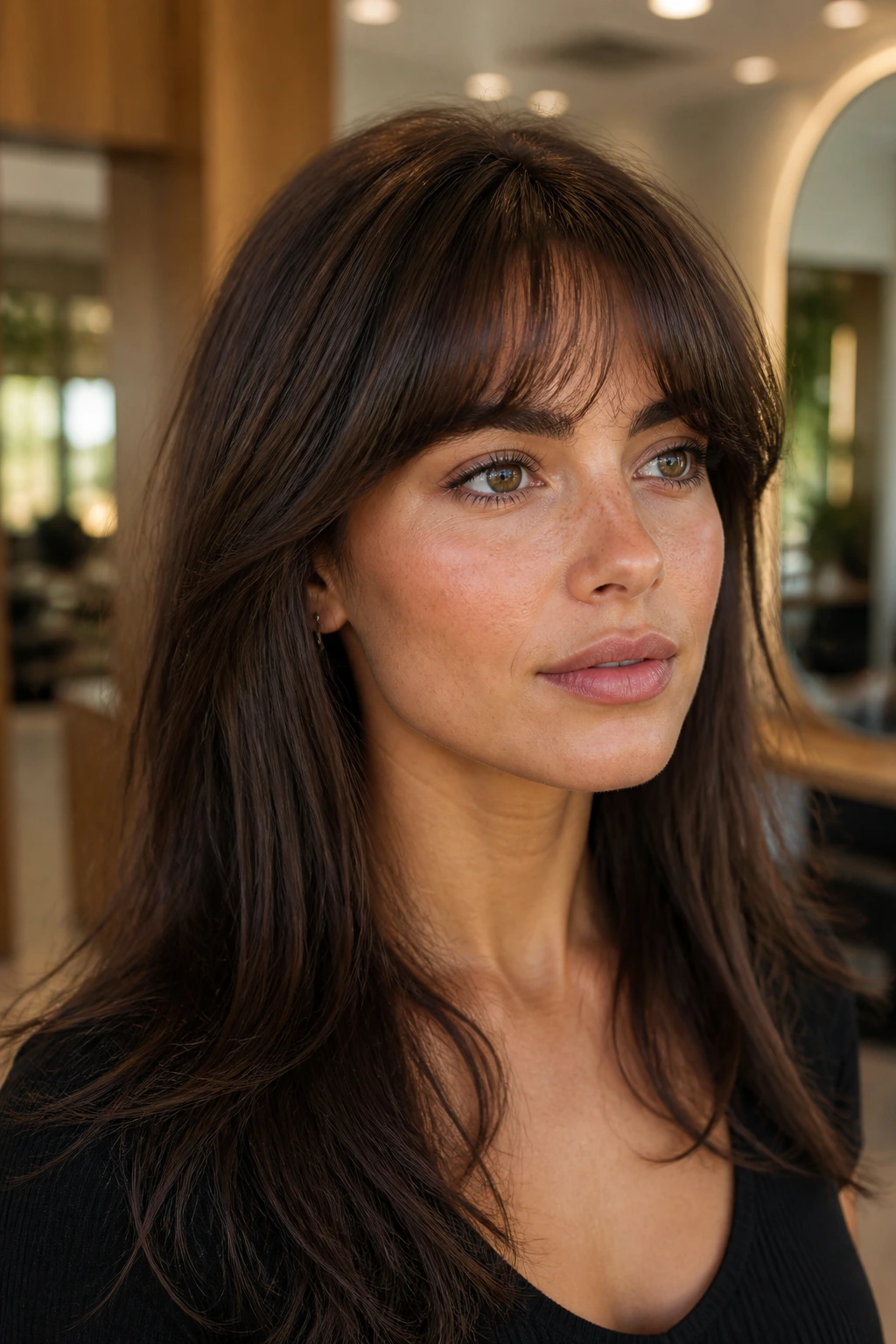 Close-up of a real woman wearing a curved arch fringe hugging the brows in a sunlit salon.