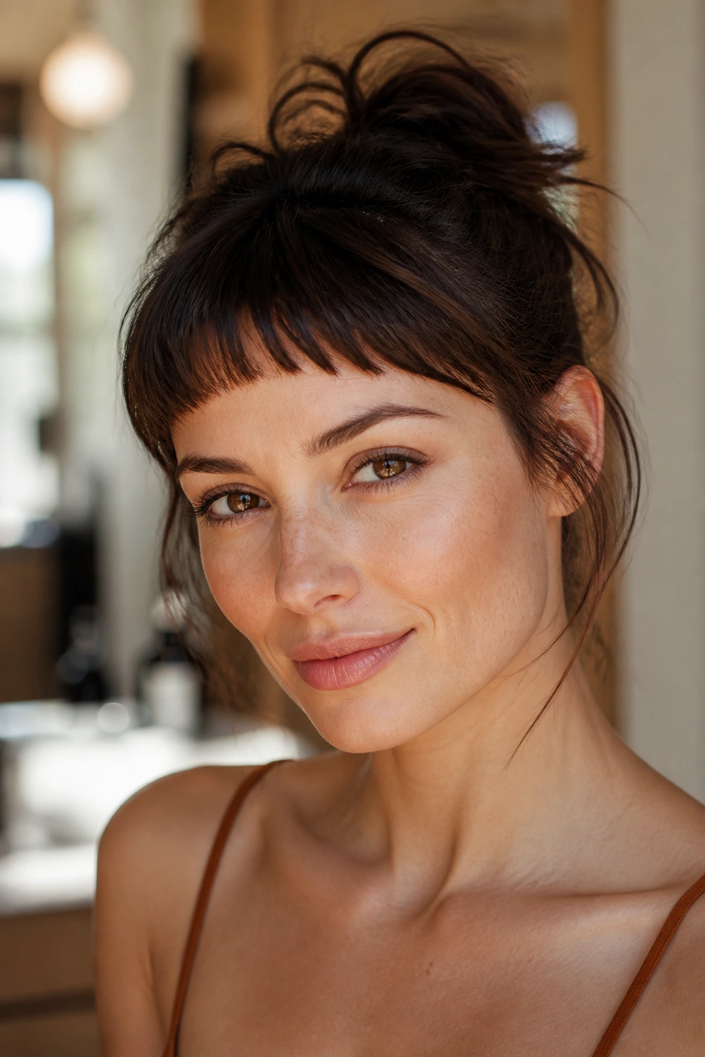 Close-up of a real woman wearing curved baby bangs arching toward temples