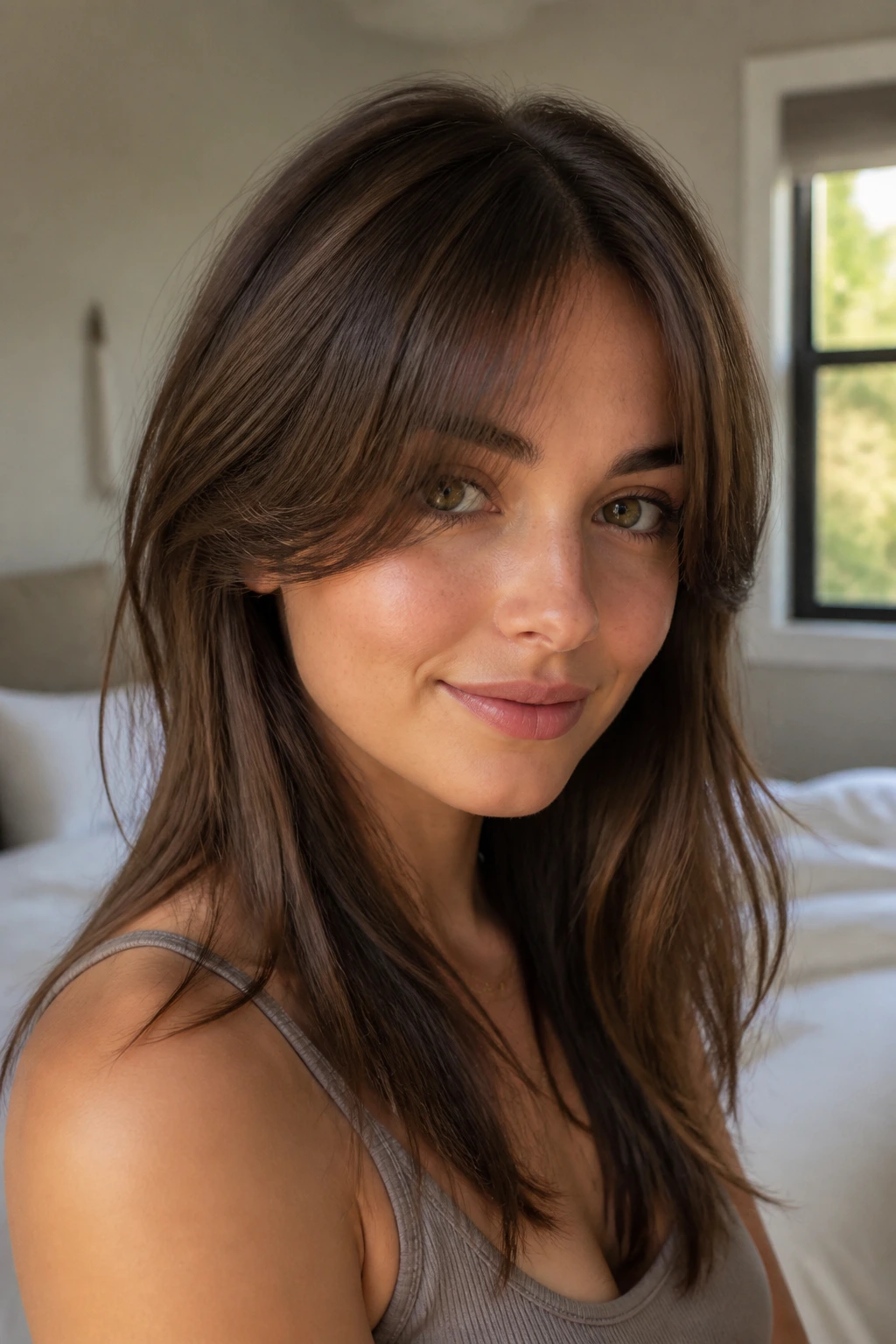Close-up of a real woman with curved center-parted bangs hugging the temples