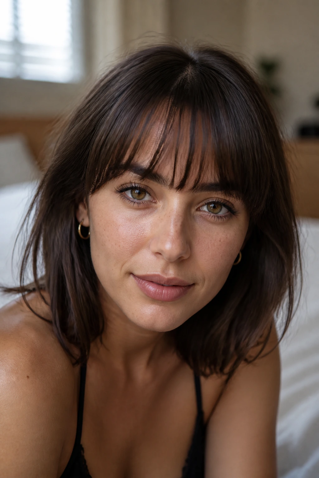 Close-up portrait of a real woman with curved brow-skimming bangs illuminated by window light