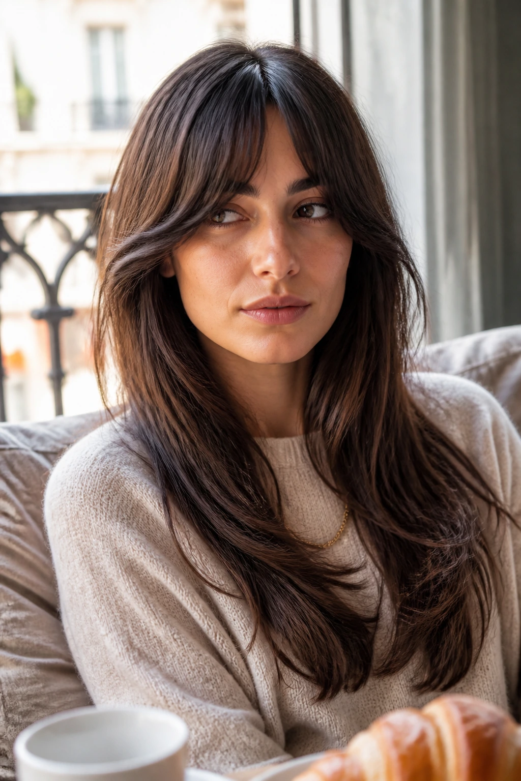 Close-up of a real woman with curved French fringe and heavy bottom layers.