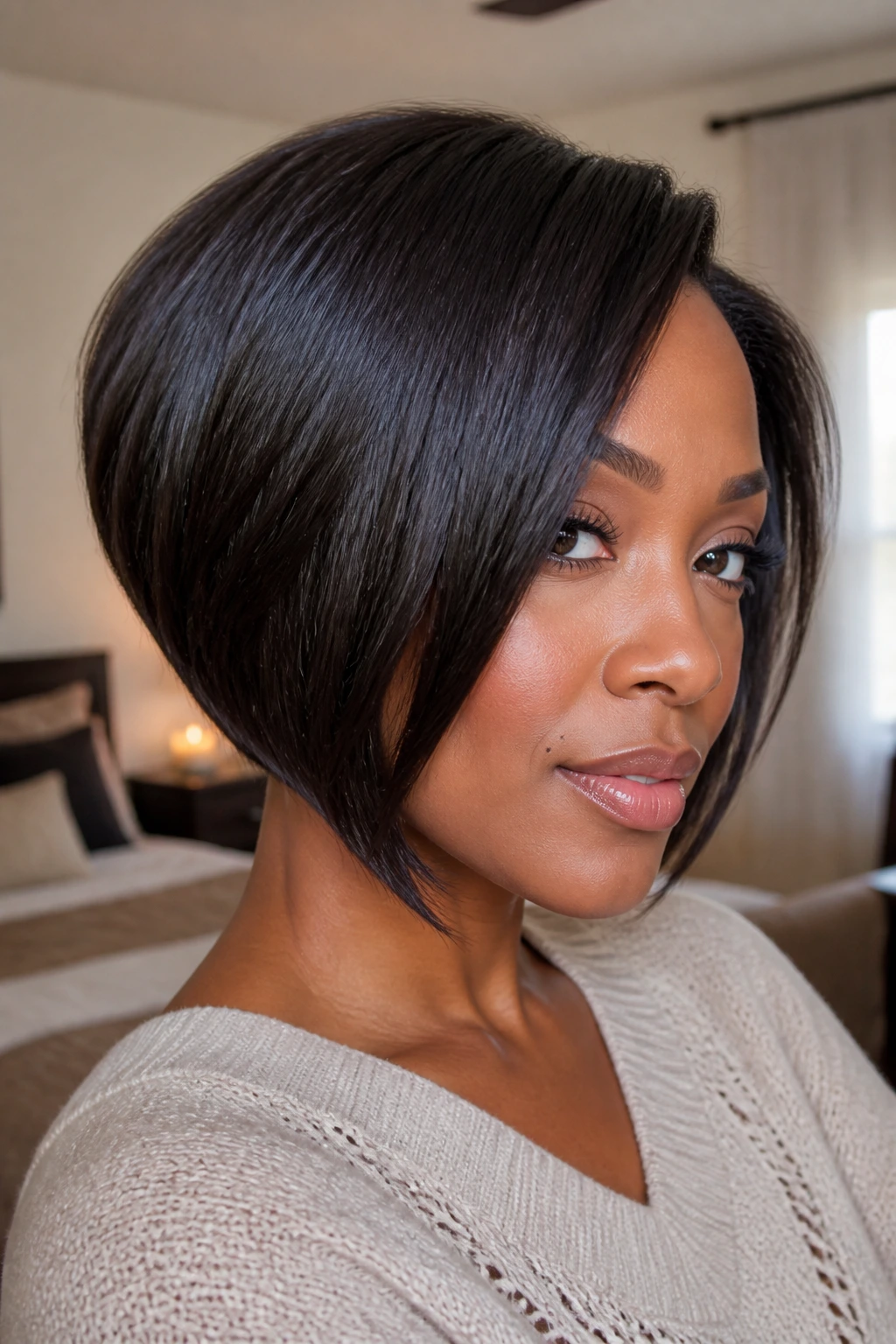 Close-up of a real woman with a curved inverted bob hairstyle.