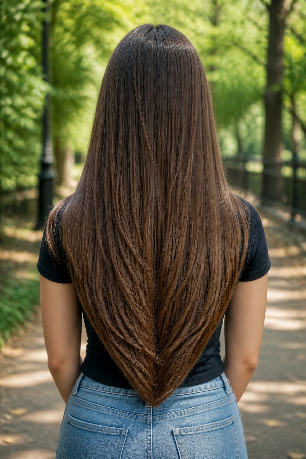 Back view of a real person showing curved V-cut ends in long hair on a park path