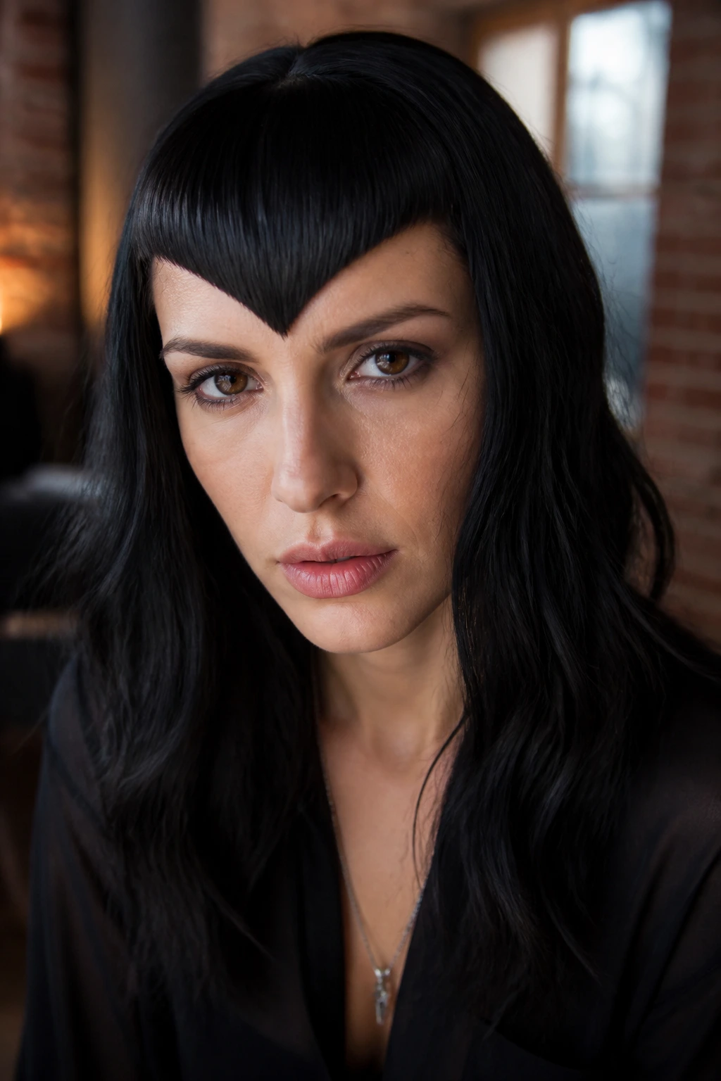 Close-up of curved V-shape micro bangs on a real person