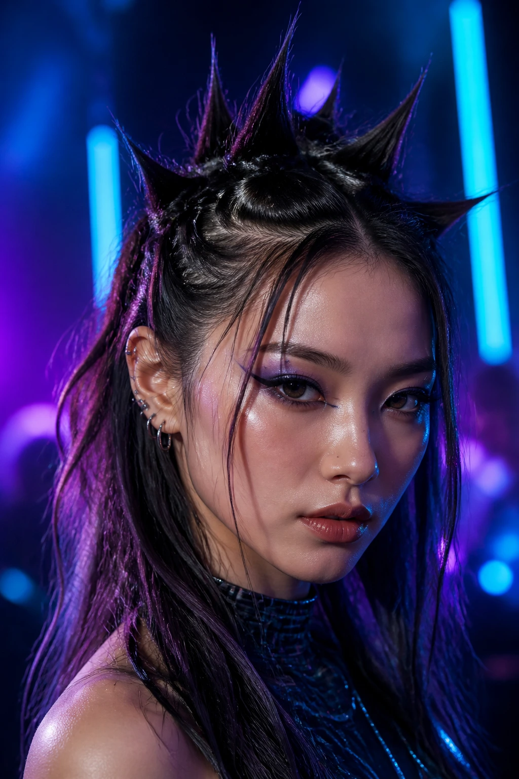 Close-up of a real person with cyberpunk half-up spikes under neon stage lighting