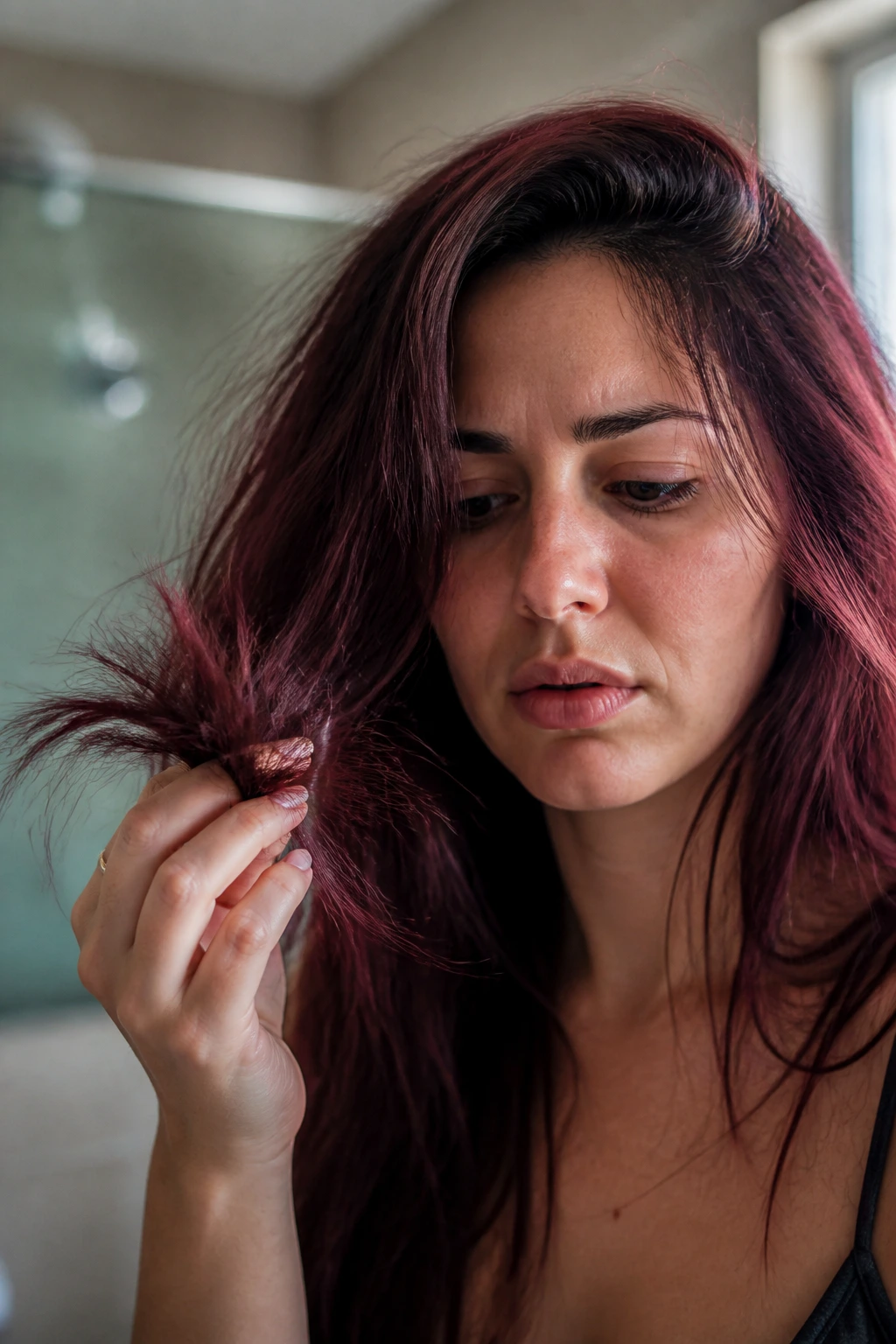 Portrait of a person with damaged wine-toned hair