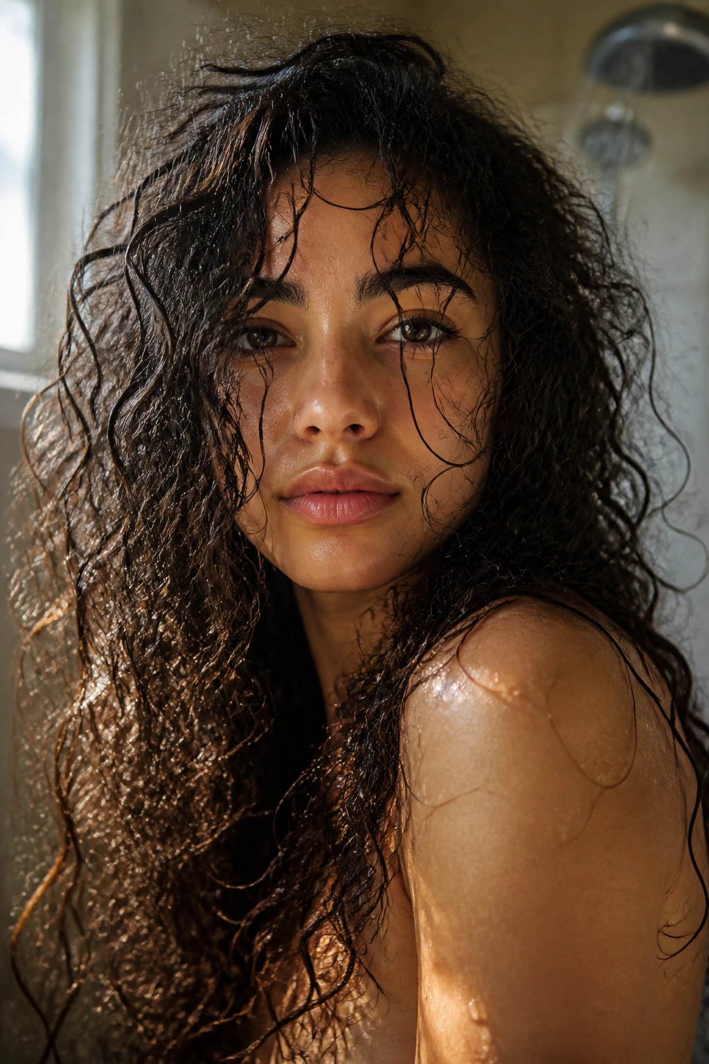 Close-up of a real woman's damp curly hair in a steamy bathroom