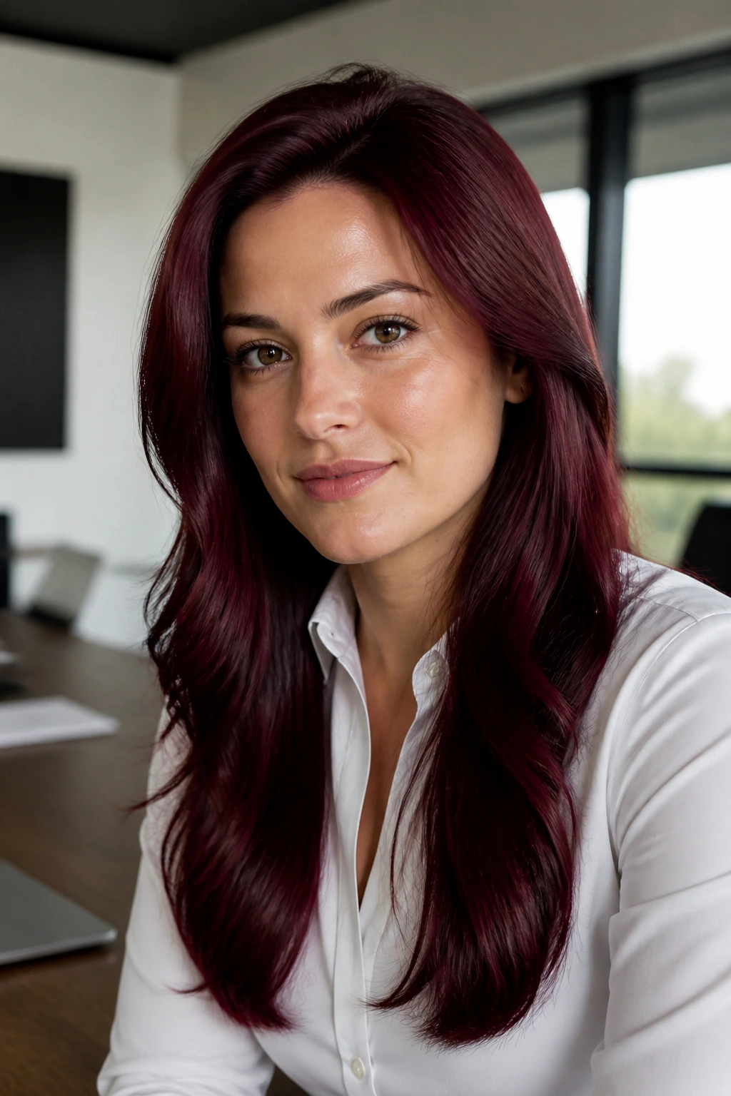 Portrait of a professional with dark cherry maroon hair in glossy finish