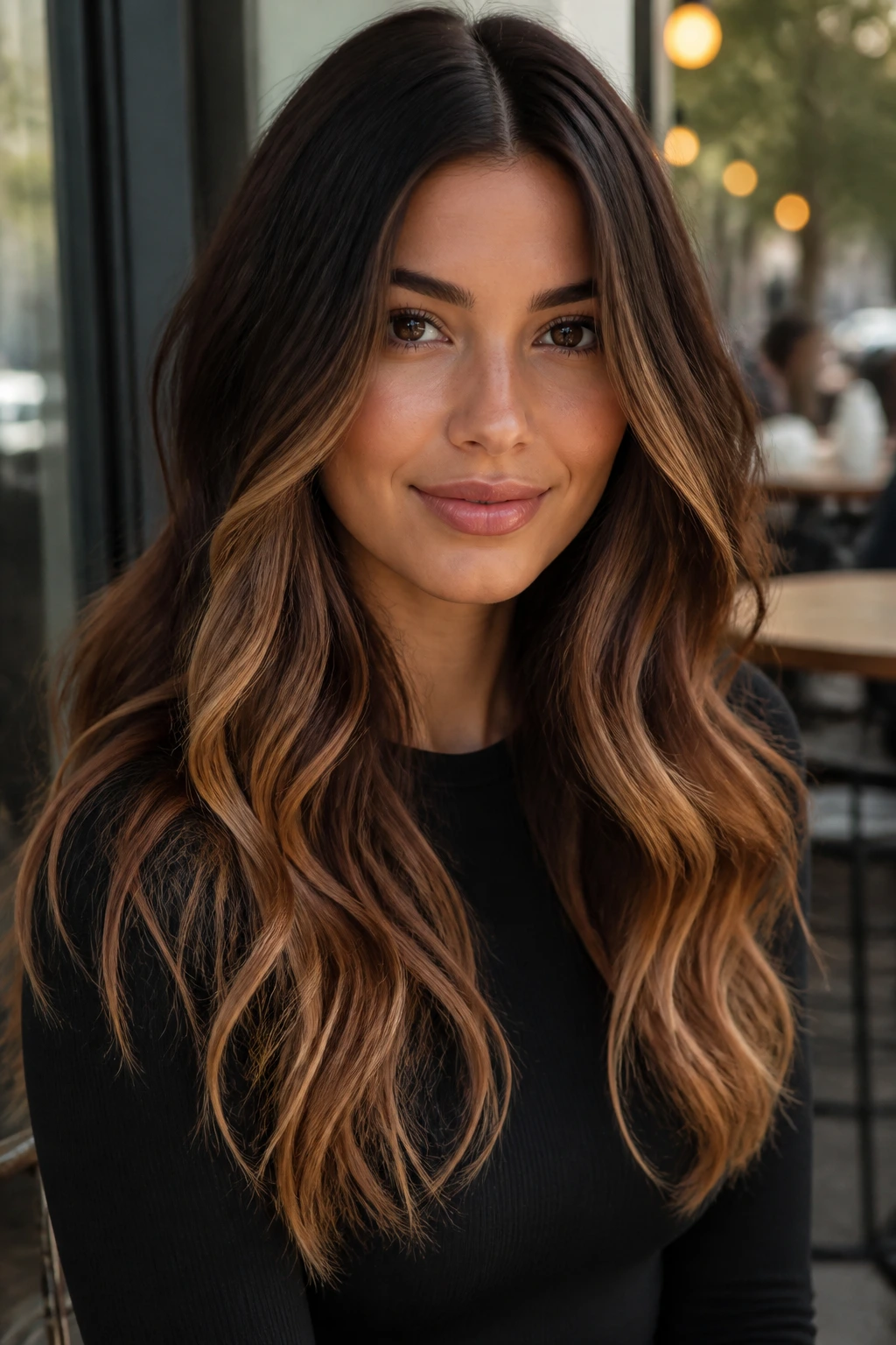 Close-up of a real woman with dark chocolate to caramel honey melt; thick hair frame in outdoor cafe light