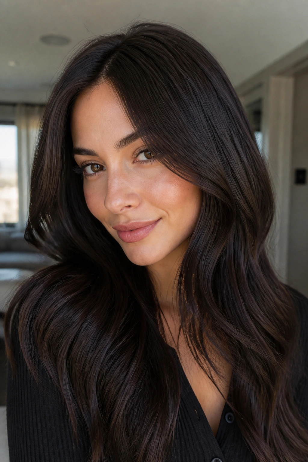 Close-up portrait of a real woman with Dark Chocolate Espresso hair