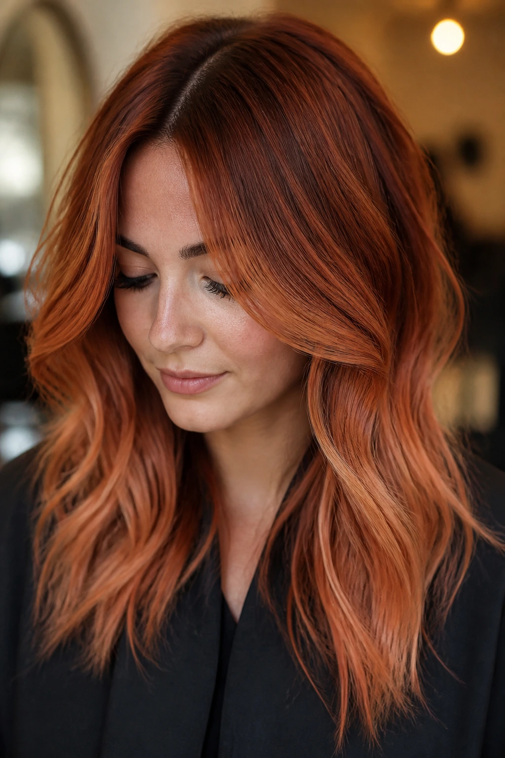 Portrait showing dark copper roots fading to light tips.