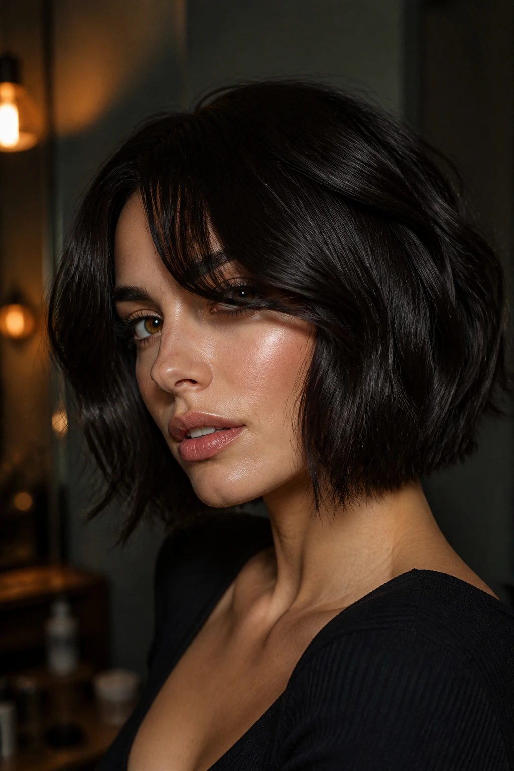 Close-up of a real woman with dark glossy inverted bob in moody lighting