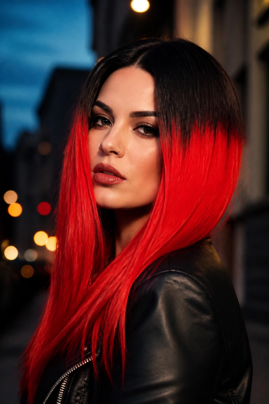Portrait showing black roots and red lengths in thick hair