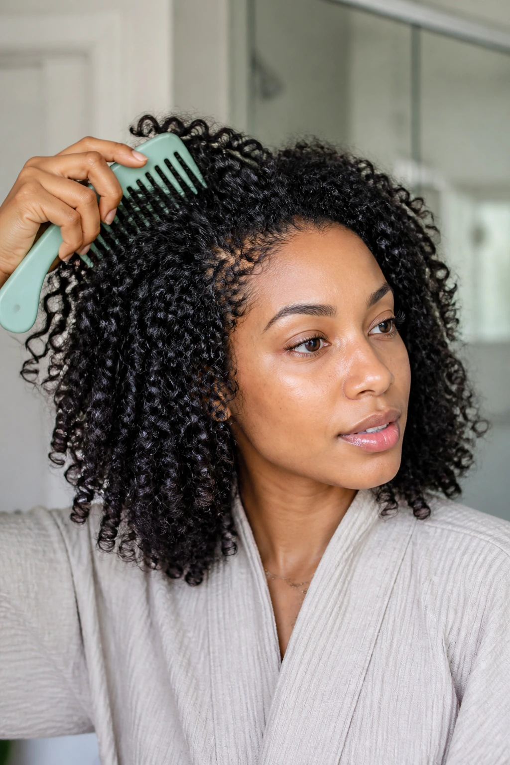 Close-up of a woman fluffing day-two curls with a wide-tooth comb