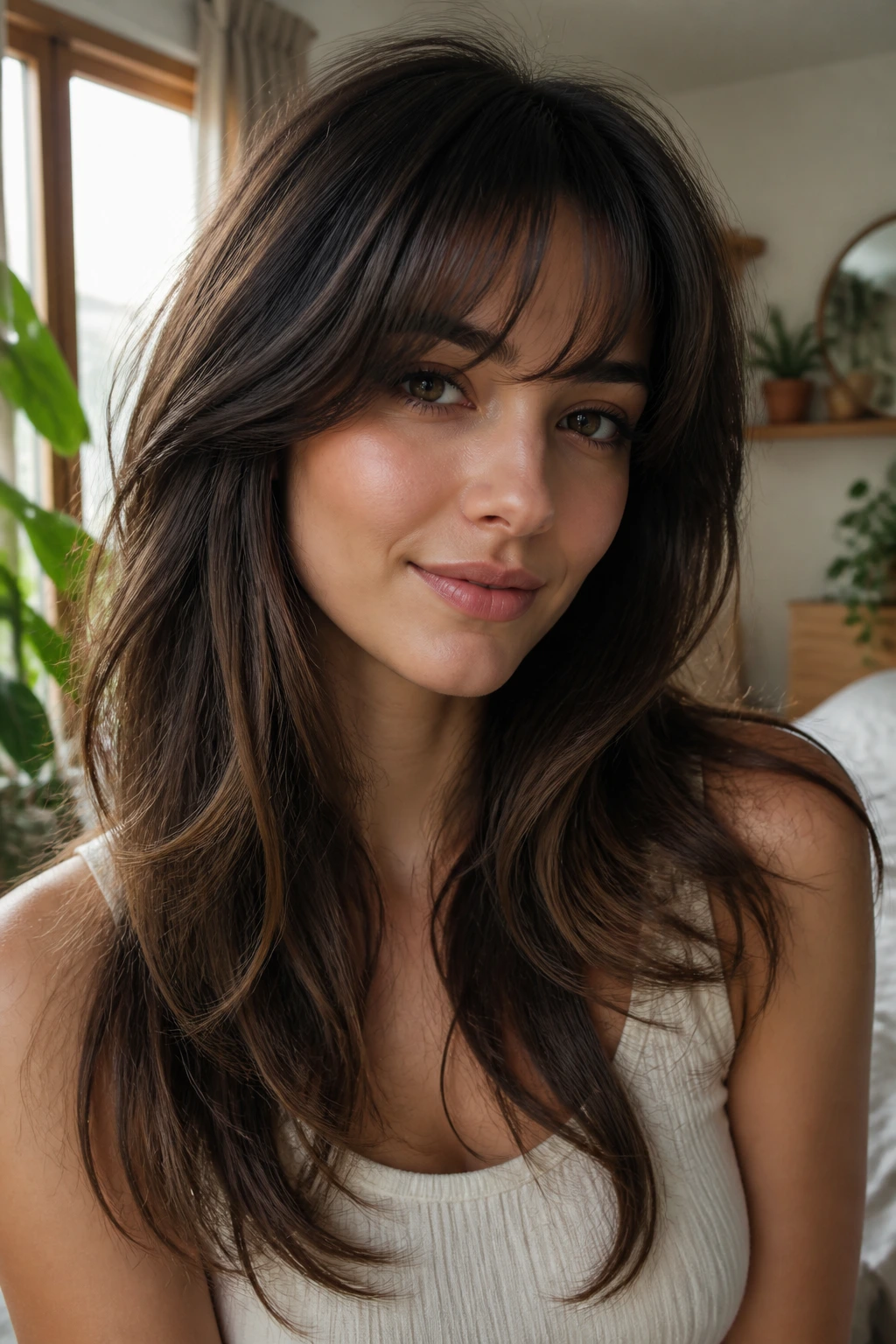 Close-up portrait of a real woman with debulked internal layers and crescent bangs