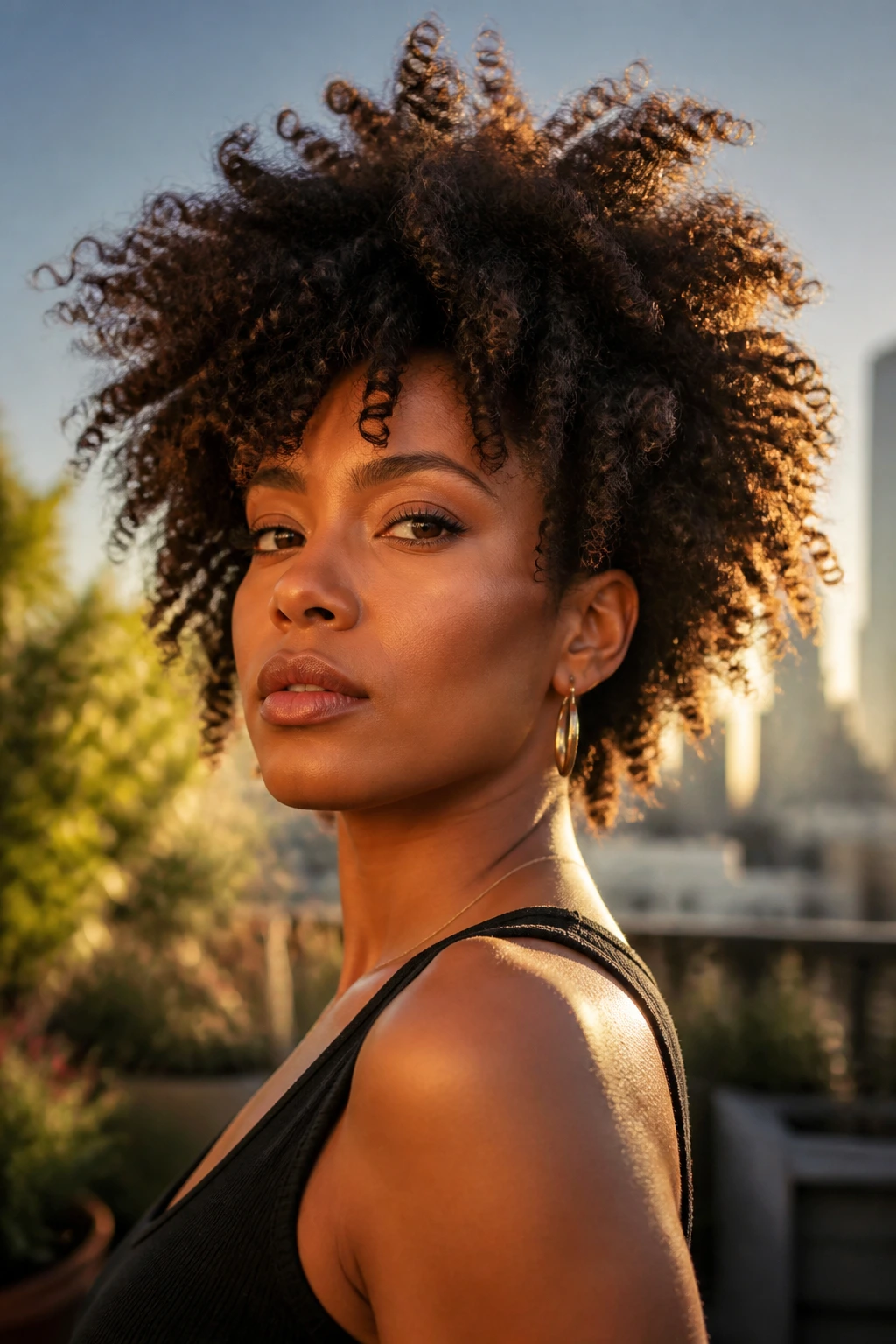 Close-up of a real person with a jagged layered Afro hairstyle