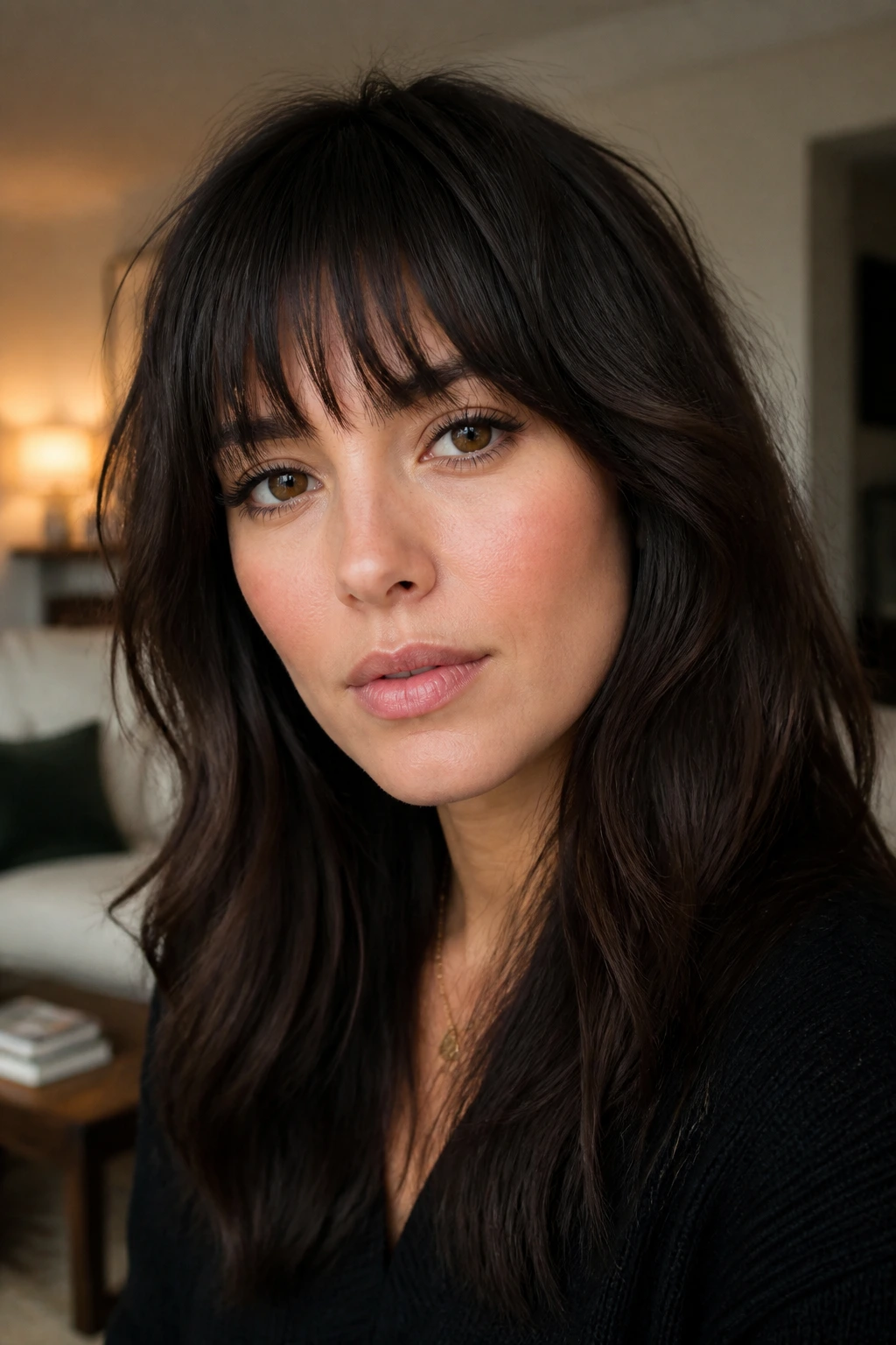 Close-up of a real woman with deconstructed full bangs textured fringe