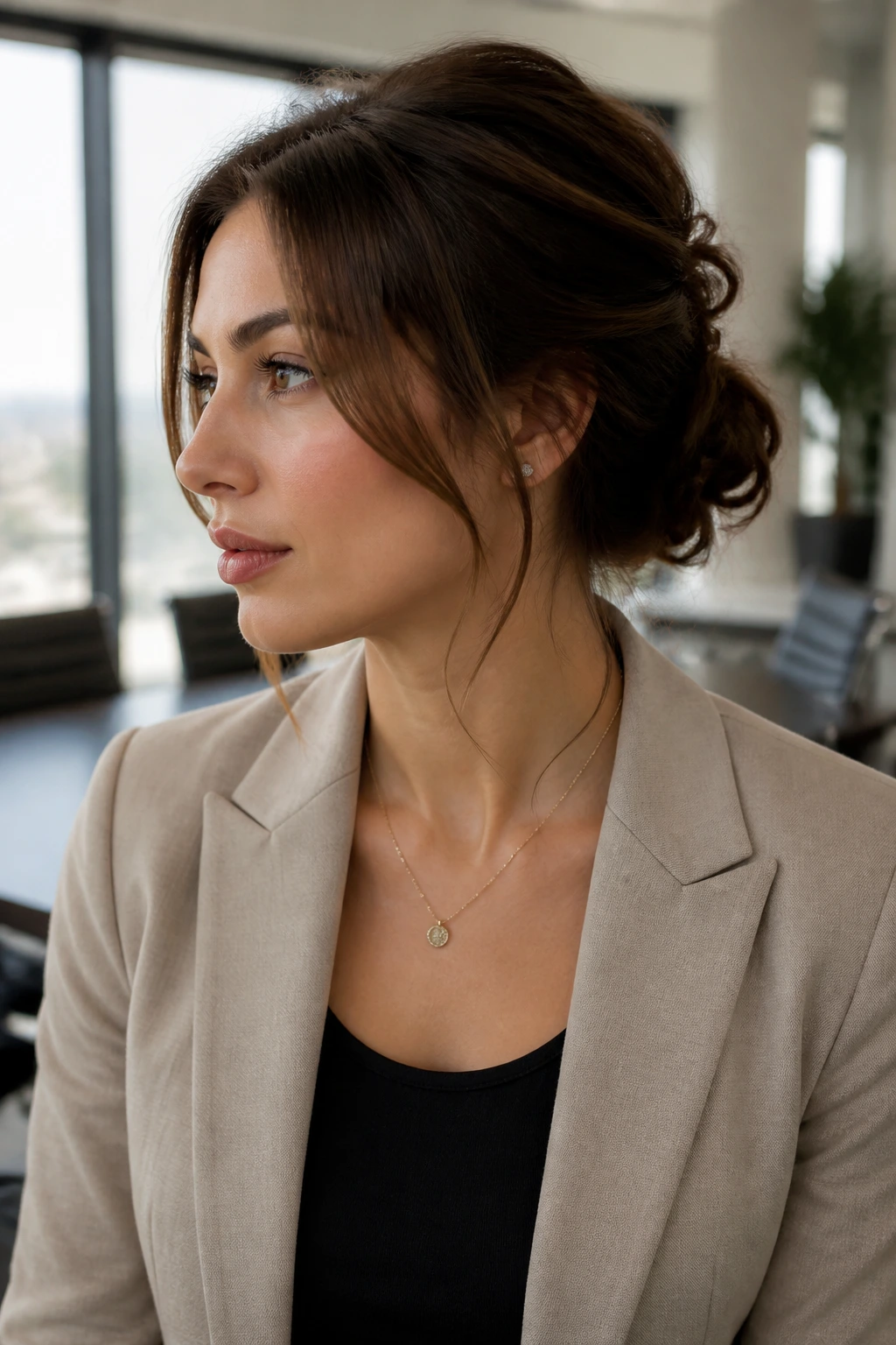 Woman with deconstructed chignon and face-framing tendrils in bright office lighting