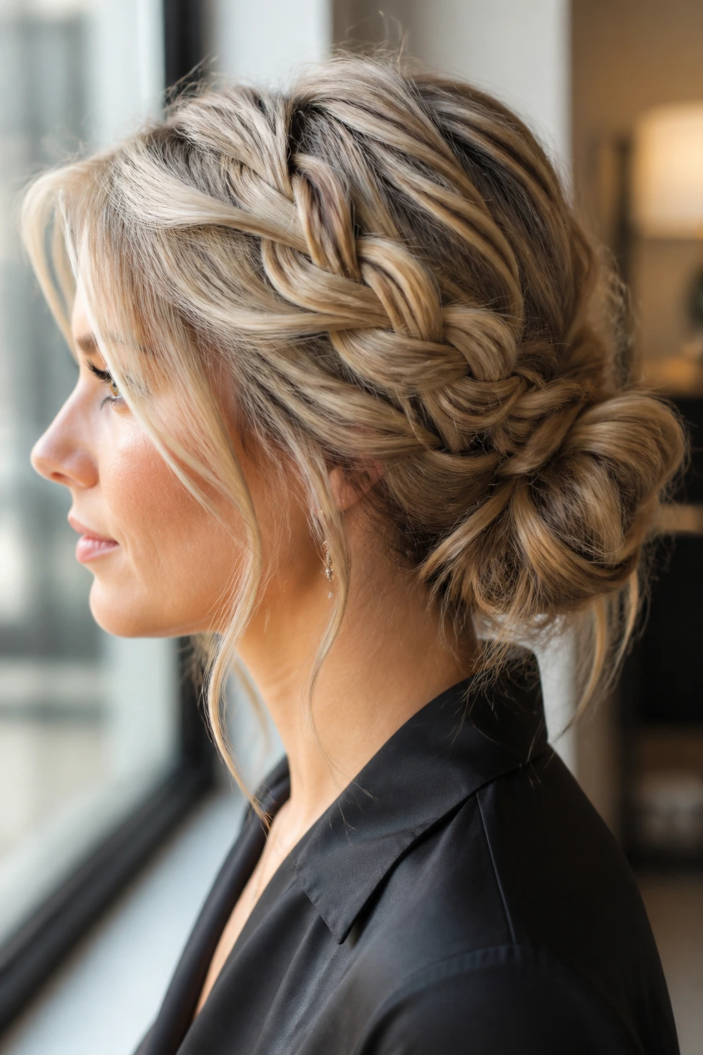 Side-profile of a real person with a deconstructed crown braid knot hairstyle