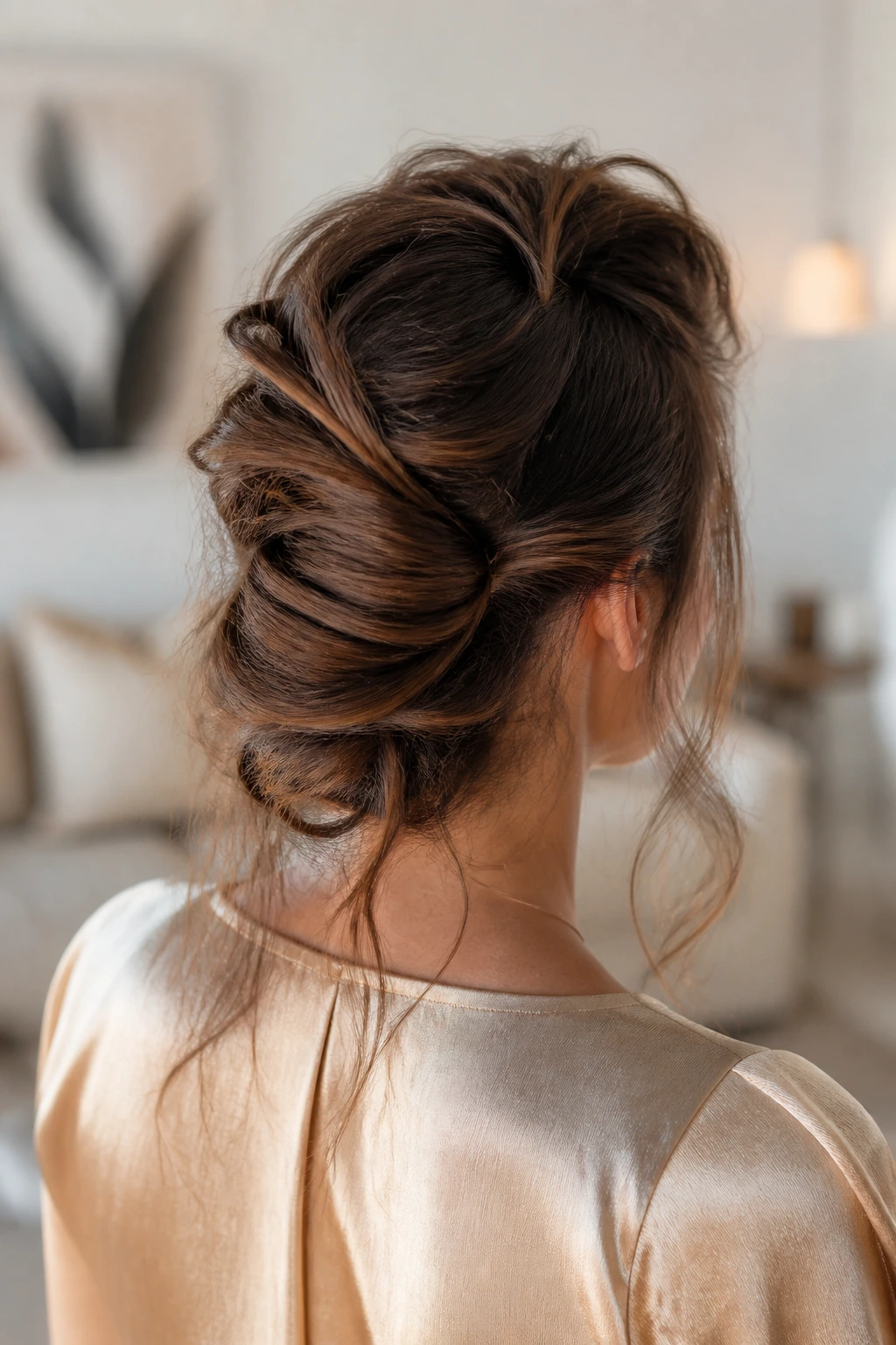 Rear three-quarter view of a woman with a deconstructed French twist.