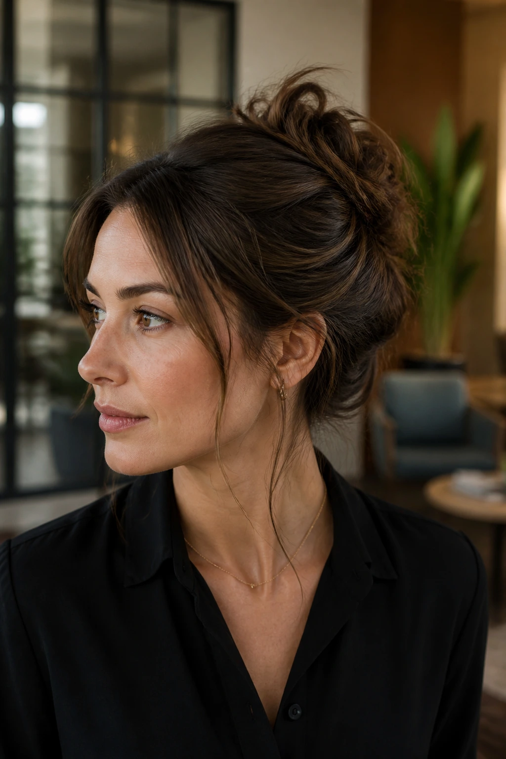 Close-up of a real woman with a deconstructed French twist in a chic office setting