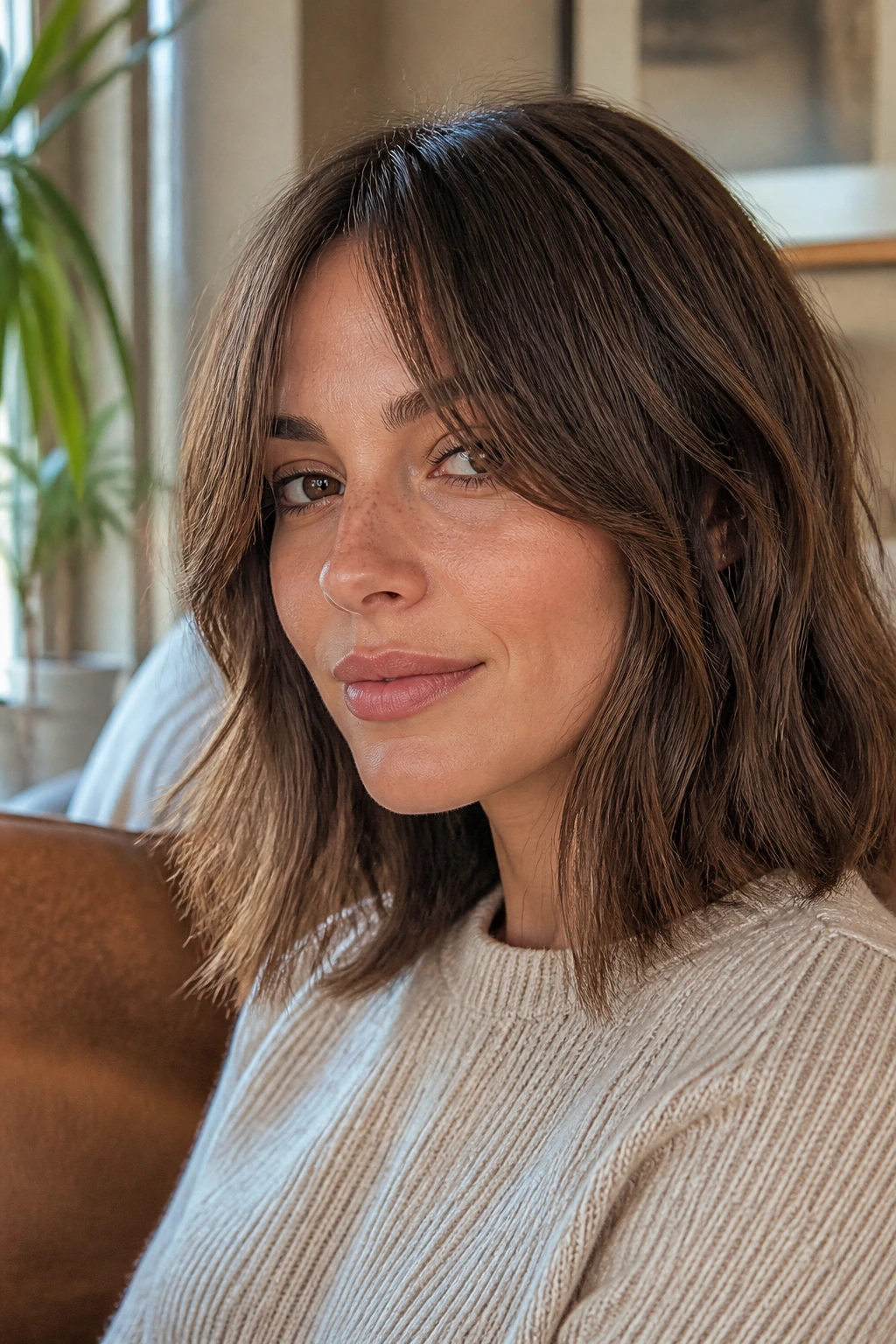 Close-up of a real woman with deconstructed lob and long bangs resting at nose in warm window light