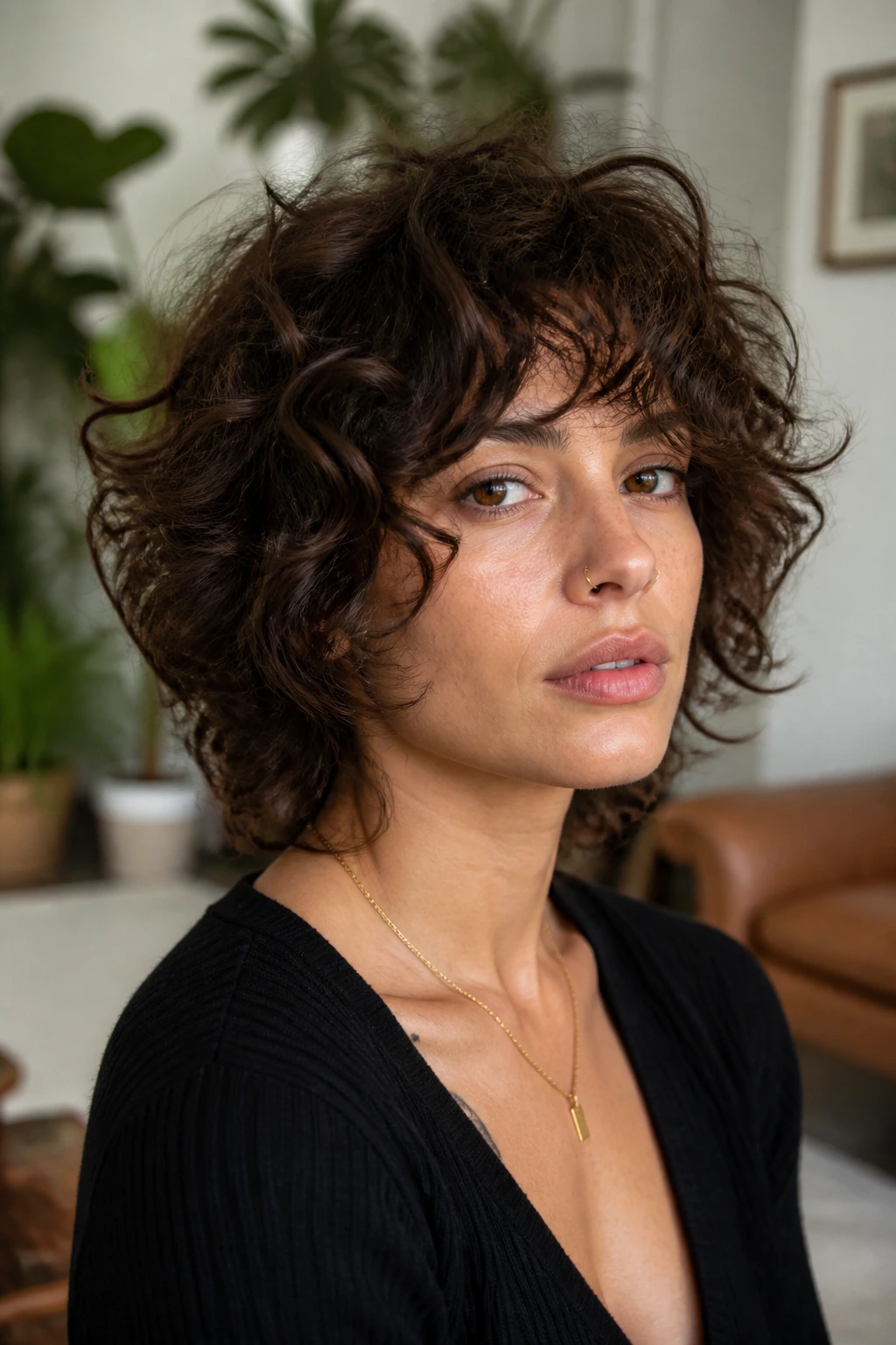 Medium close-up of a woman with a deconstructed curly shag hairstyle.