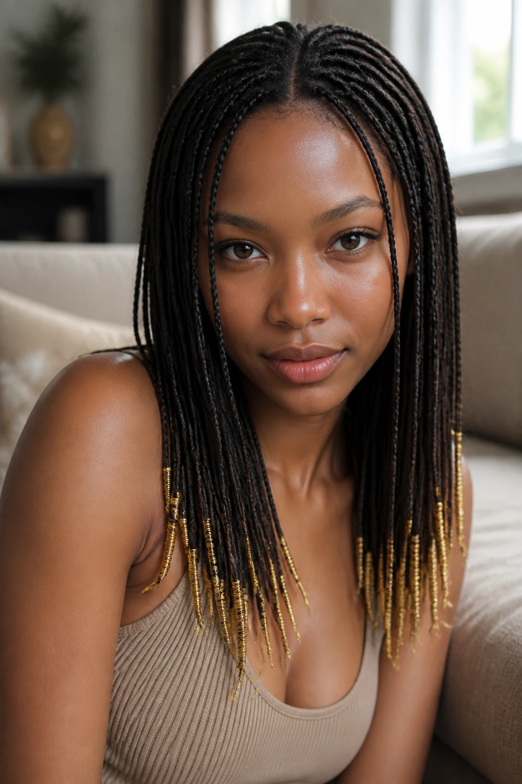 Close-up portrait of a real person with micro braids ending in gold-thread decorations.