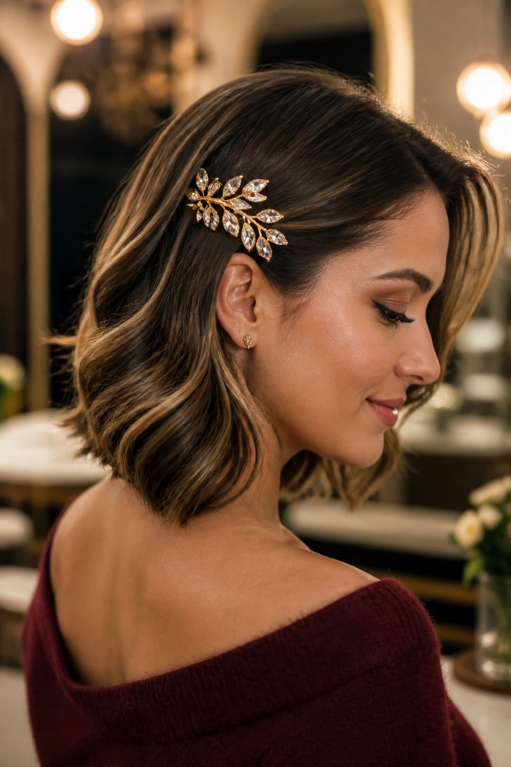 Close-up of a real woman wearing a decorative comb in a bob hairstyle.