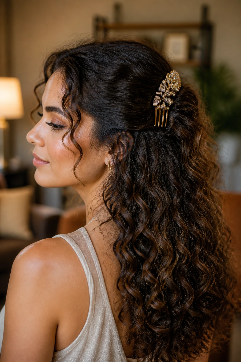 Close-up of woman with decorative combs securing half-up hairstyle.