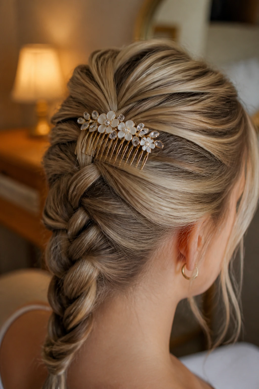 Decorative hair comb inserted into French braid near crown