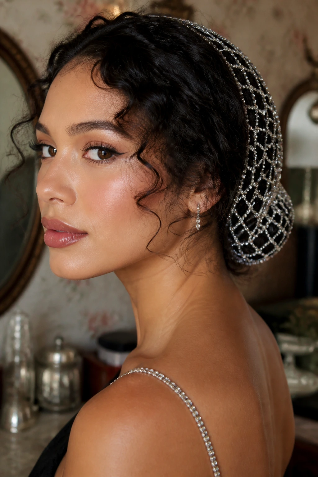 Rhinestone hair net over low bun on real person