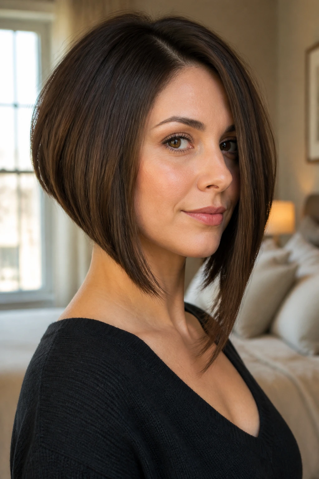 Close-up portrait of a woman with a deep-angled inverted bob in soft daylight