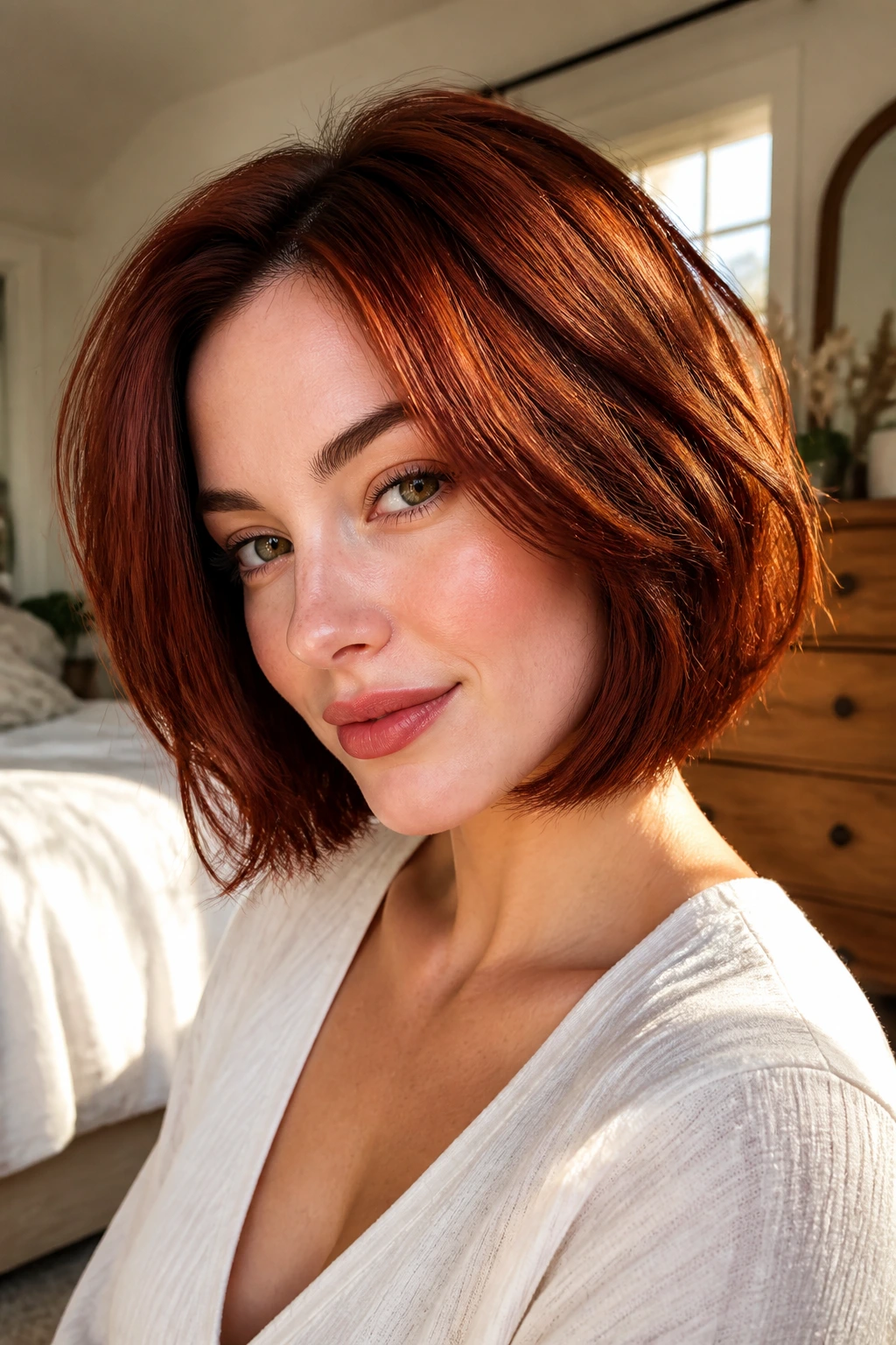 Close-up of a real woman with deep auburn copper bob in golden-hour window light