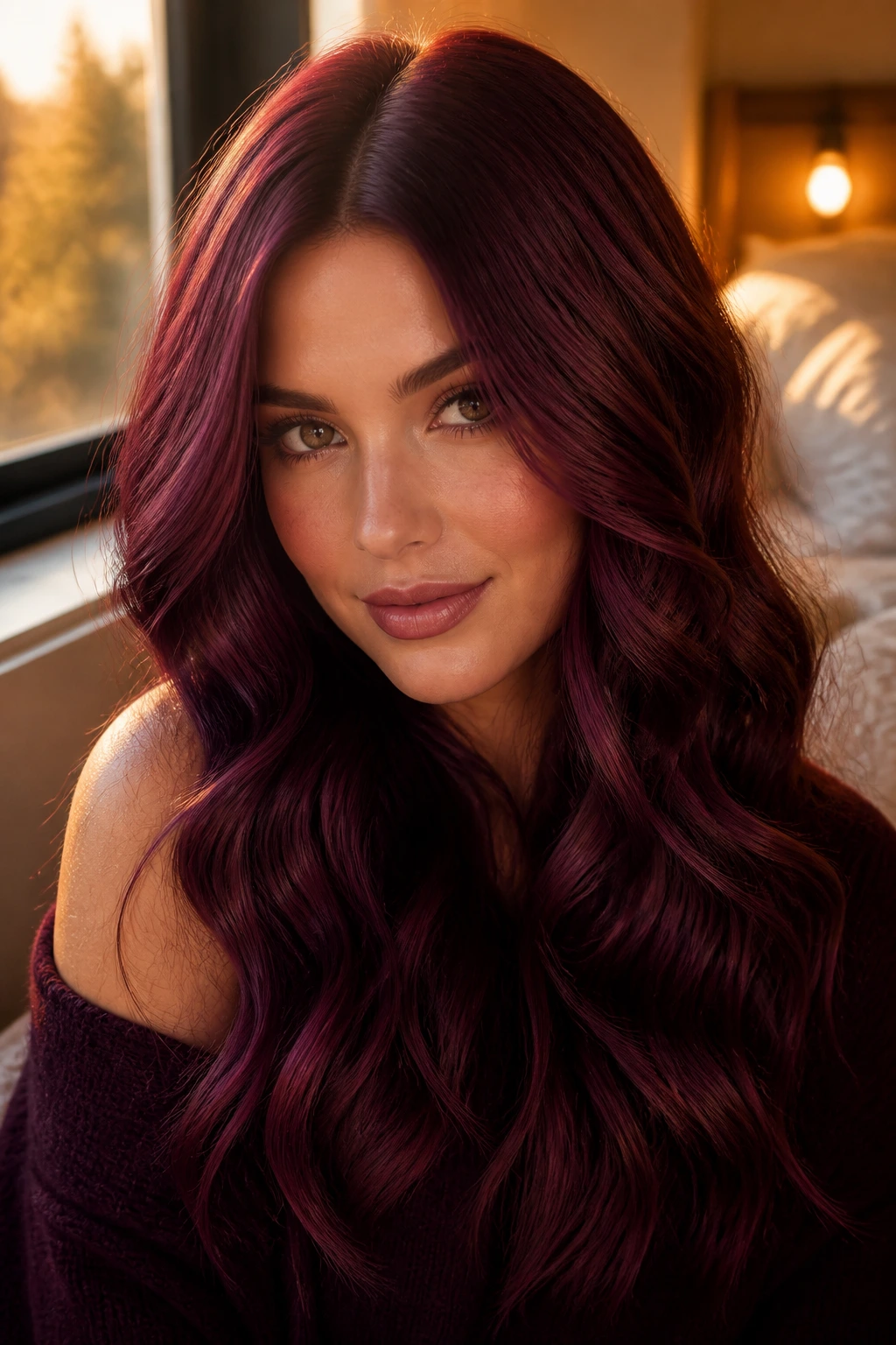 Close-up of a real woman with deep burgundy waves and a center part in warm window light