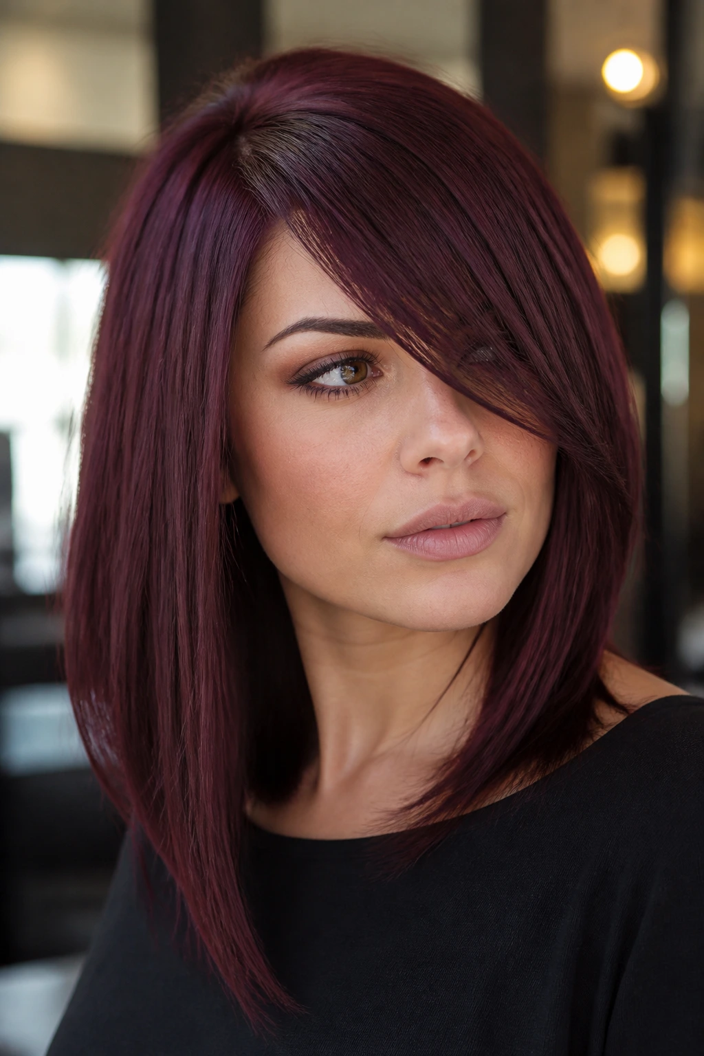 Close-up of a woman with a burgundy lob and asymmetrical side-swept bangs