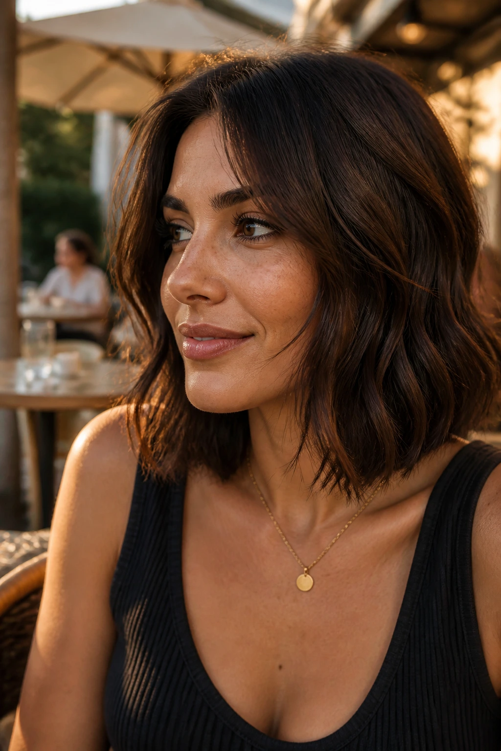 Close-up of real woman with deep chocolate lob in warm outdoor light