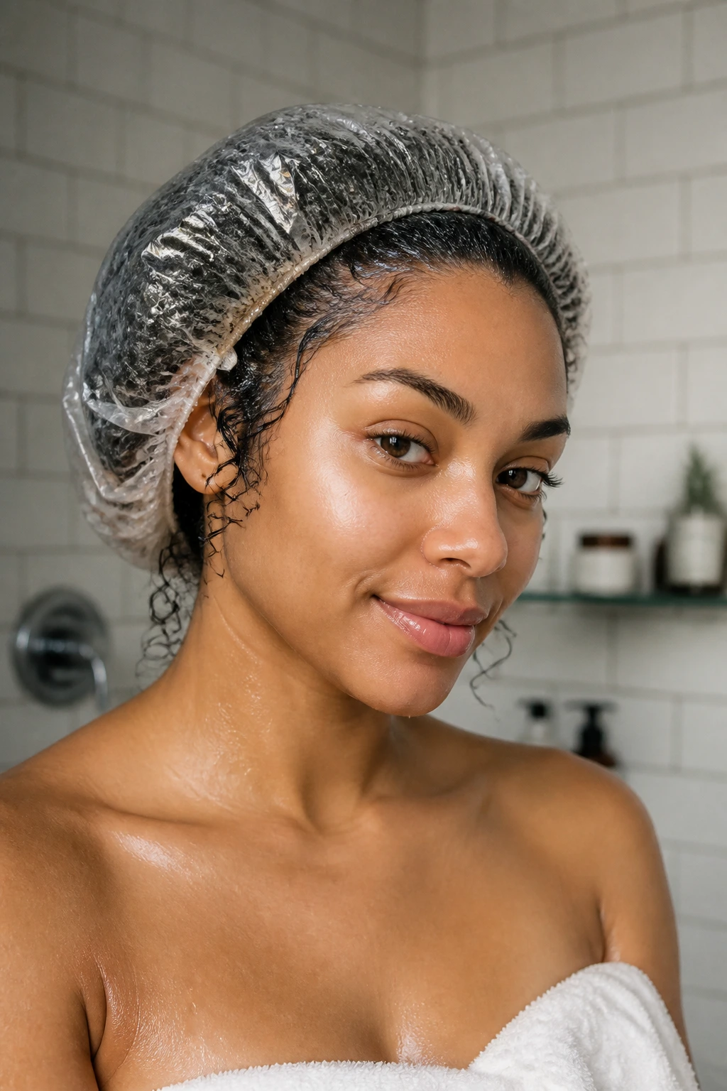 Portrait of a woman wearing a shower cap, representing deep conditioning for shoulder-length curls.
