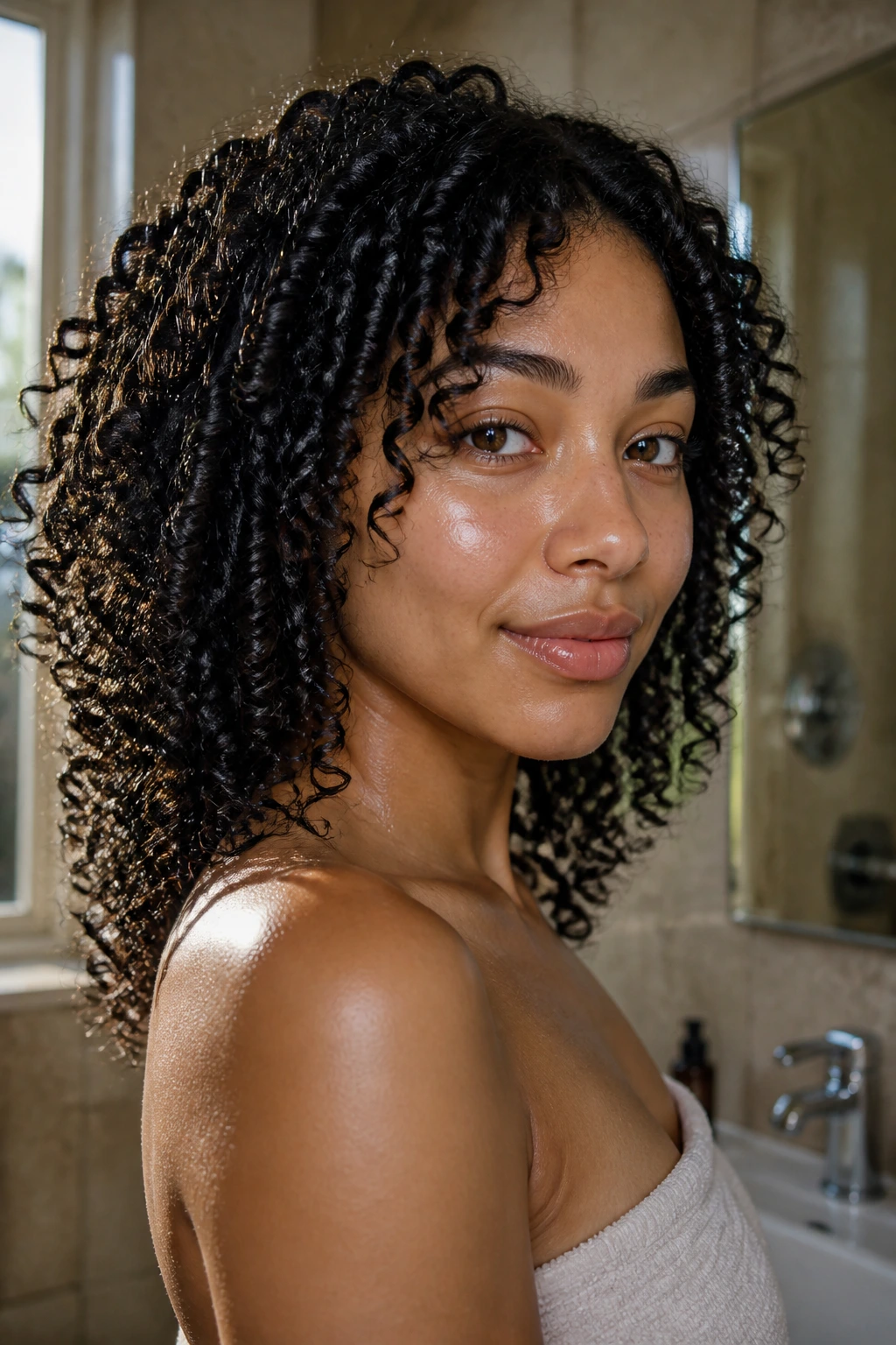 Close-up of a real woman with glossy, hydrated spiral curls in a warm bathroom