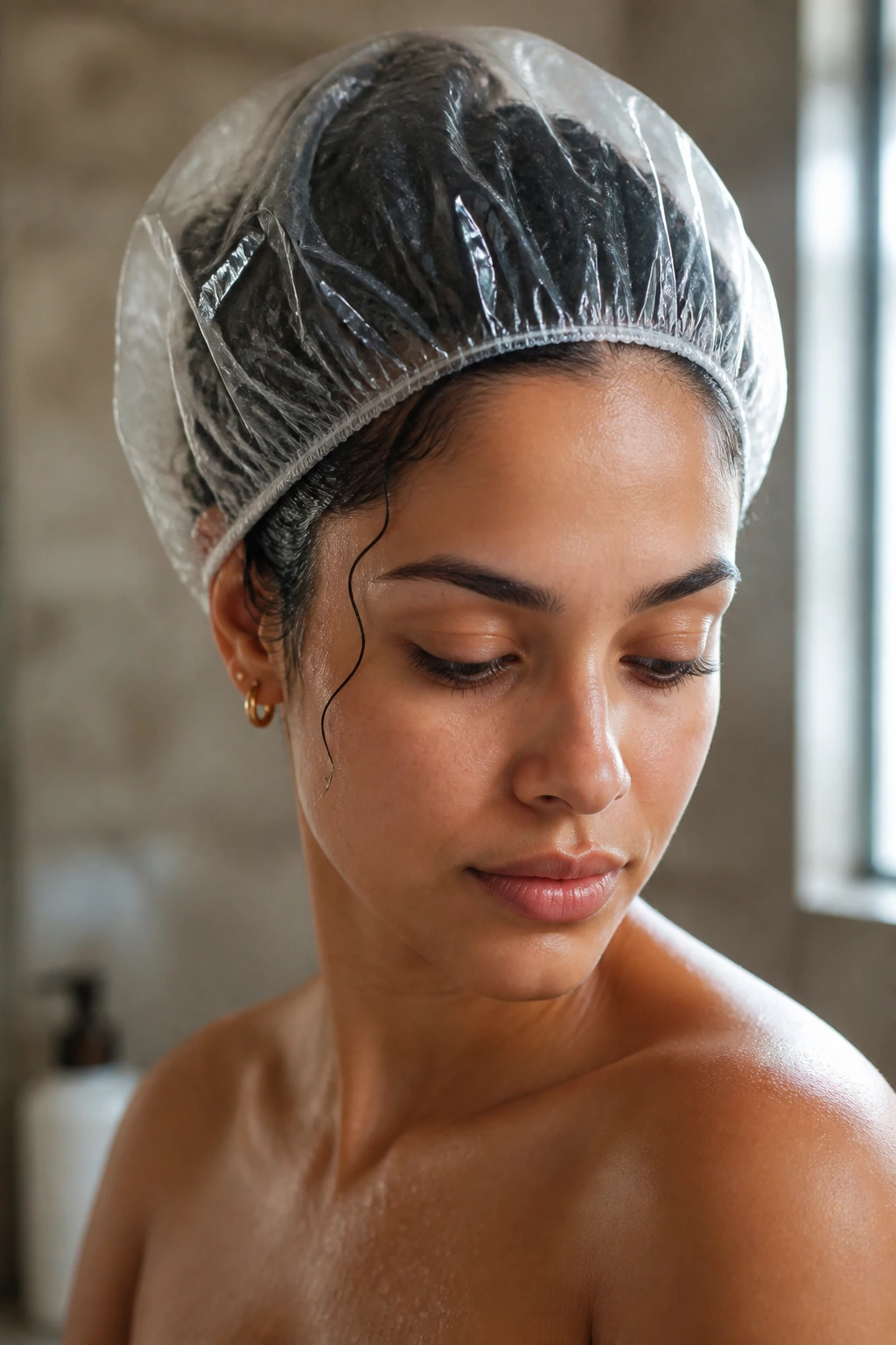 Real woman wearing a clear shower cap, showing hydrated hair after conditioning