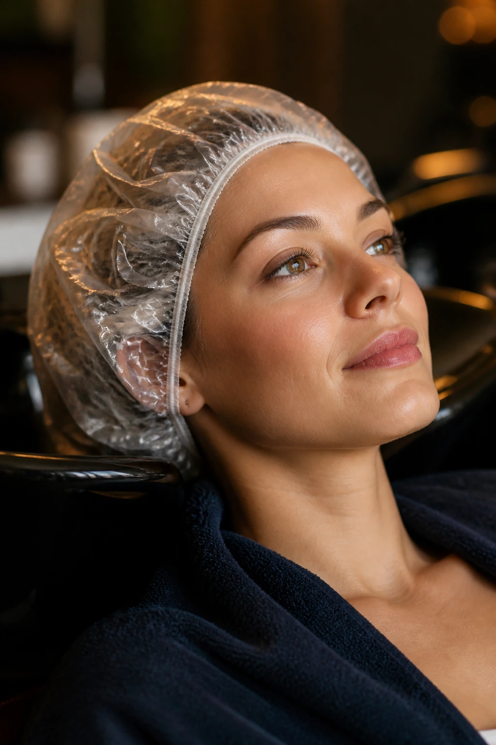 Close-up of a real woman wearing a deep-conditioning cap during a spa treatment