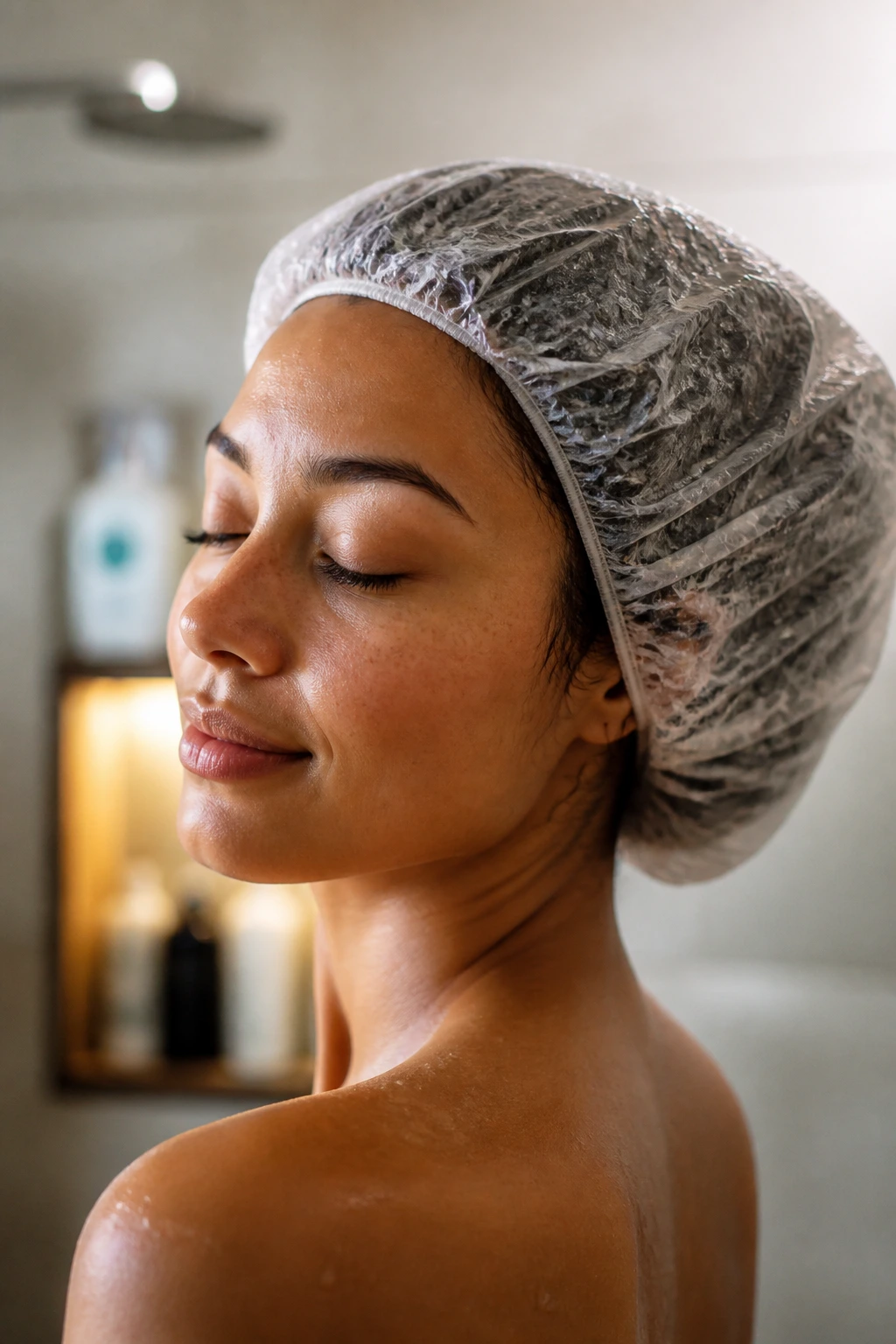 Real person under a deep conditioning cap during hair mask treatment