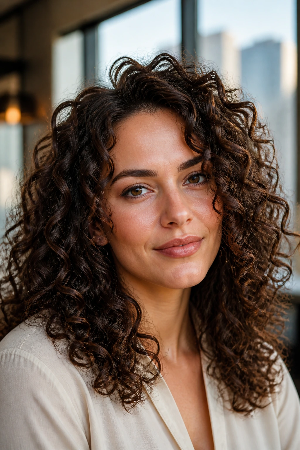 Close-up of a real woman with tight deep curls and crown lift.