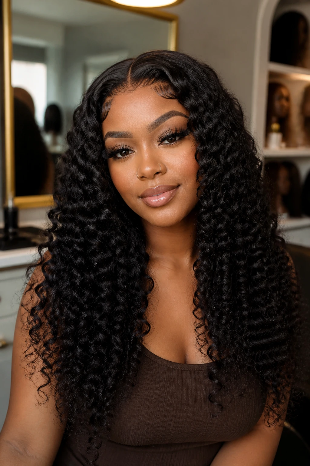 Real woman wearing a long deep-curly wig with voluminous curls.