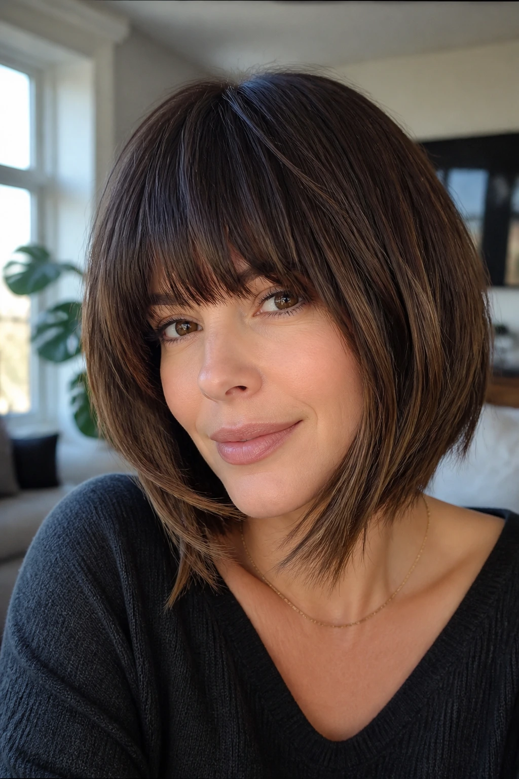 Portrait of a real woman with a deep-layered bob and fringe in a bright living room.