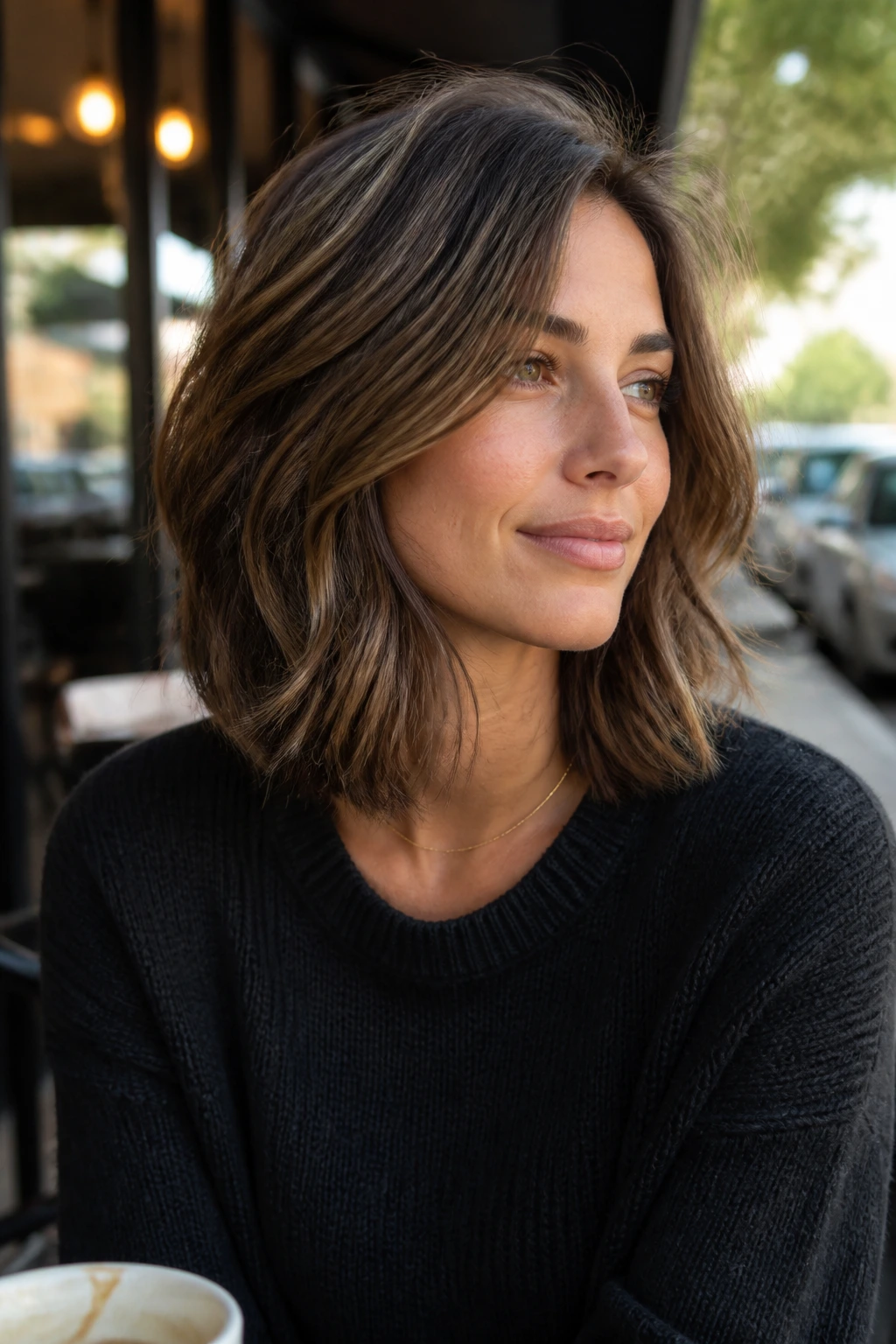 Close-up of a real woman with a deep-layered lob and mid-length layers.
