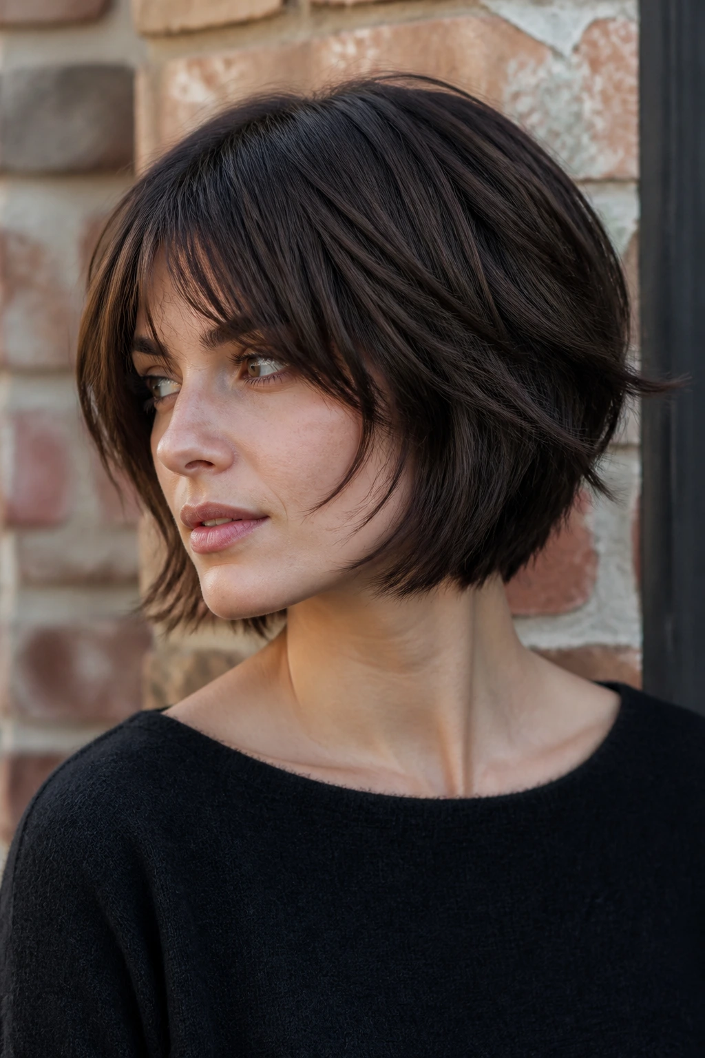 Portrait of a woman with a deep-layered shaggy bob