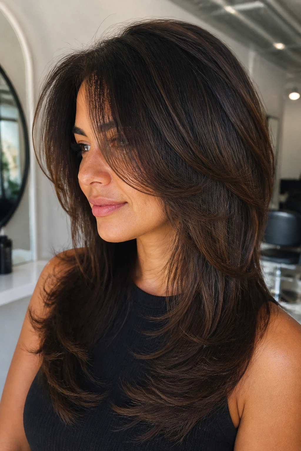 Close-up of woman with deep-layered wedge showing blended front and back layers