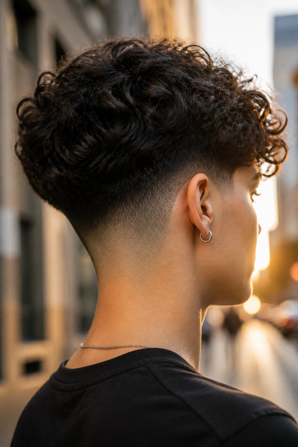 Real person showing deep nape fade with curly stack in an outdoor urban setting.
